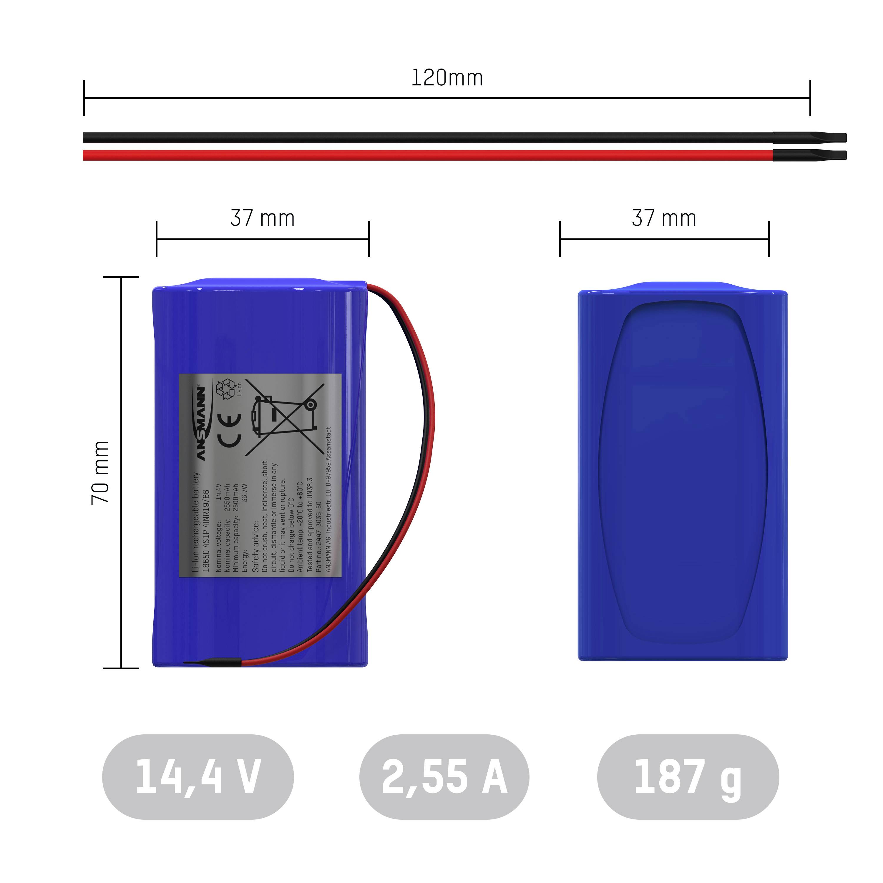Ansmann 4S1P Battery pack 4x 18650 Cable Li-ion 14.4 V 2550 mAh