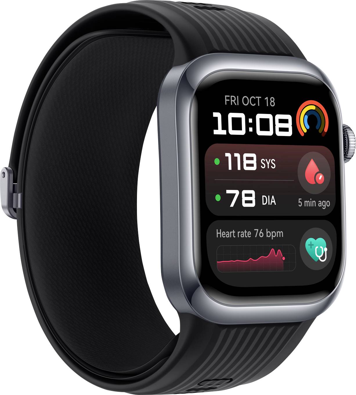 Smartwatch with black strap shows time as 10:08, date 'FRI 18 OCT', health data including blood pressure 118/78 and heart rate 76 bpm.