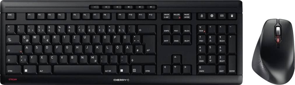 Black wireless keyboard and mouse set. Keyboard with full layout and function keys; ergonomic mouse with scroll wheel.