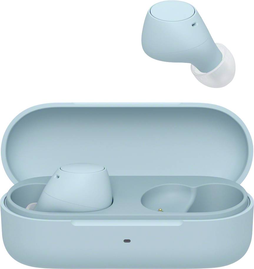 Wireless, light blue in-ear headphones in an open charging case. One earbud is hovering above the case.