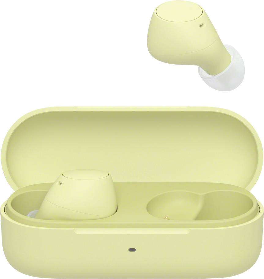 A pair of wireless earbuds in an open charging case. One earbud hovering above. Colour: pastel yellow.
