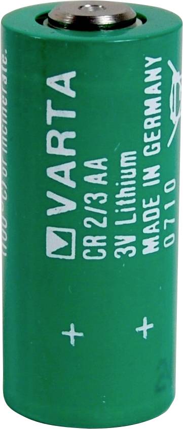 Green VARTA Lithium Battery, Type CR2/3AA, 3V, manufactured in Germany, vertically positioned.