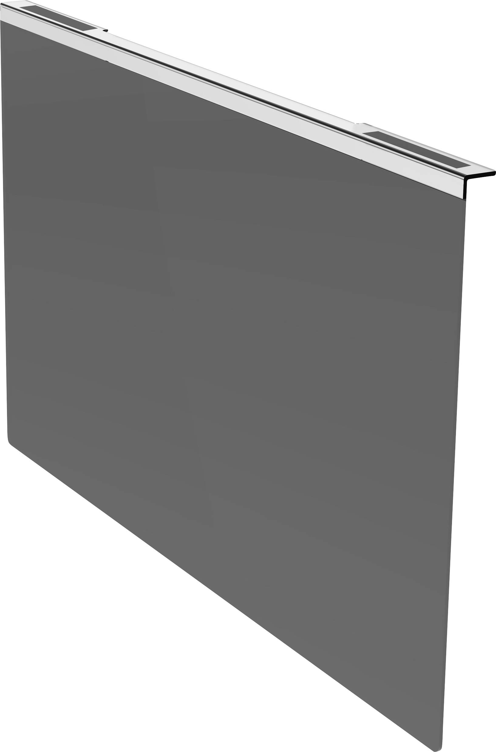 A grey, rectangular metal panel with a glossy surface and silver trim, possibly a structural component or part of a piece of furniture.