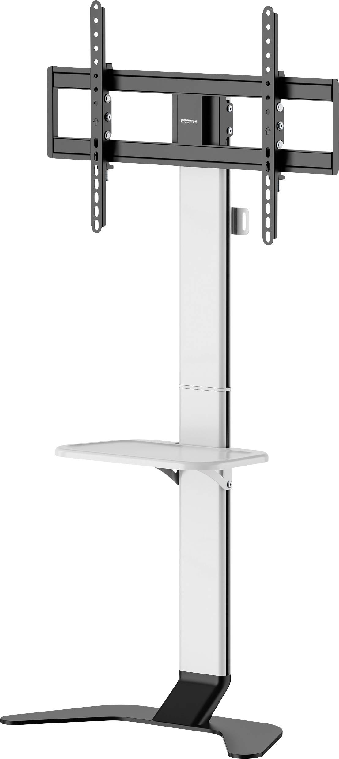 A height-adjustable TV stand with a black frame and a white shelf beneath, suitable for large-format screens.