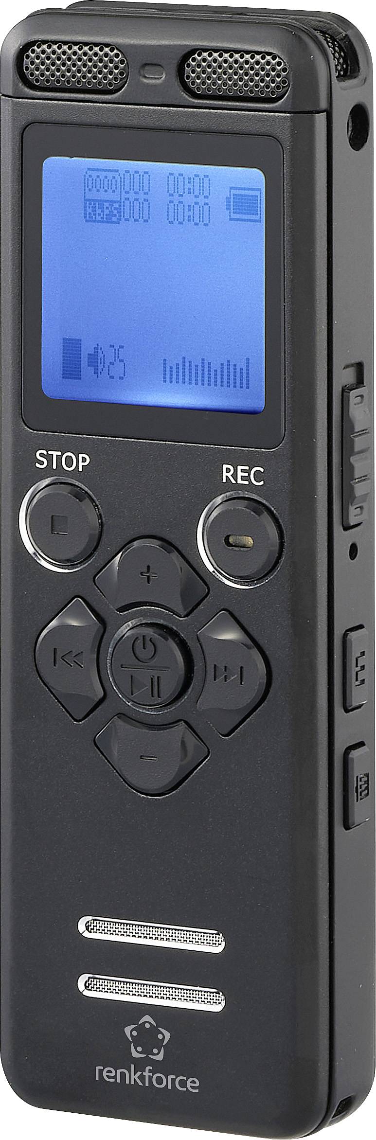 A digital audio recorder with a microphone, illuminated display and control buttons for recording and playing audio content.