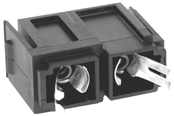 Plastic holder for flat fuses, black, with two metal contacts for electrical connection.