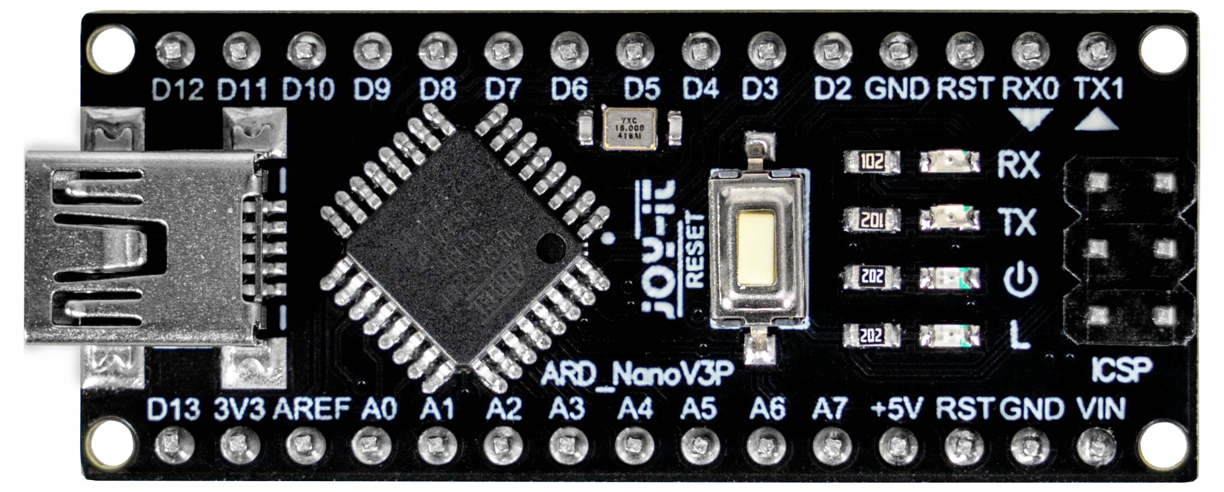 Microcontroller board with USB port, microchip and connection pins labelled from D2 to D13. Reset button and LEDs for RX, TX.