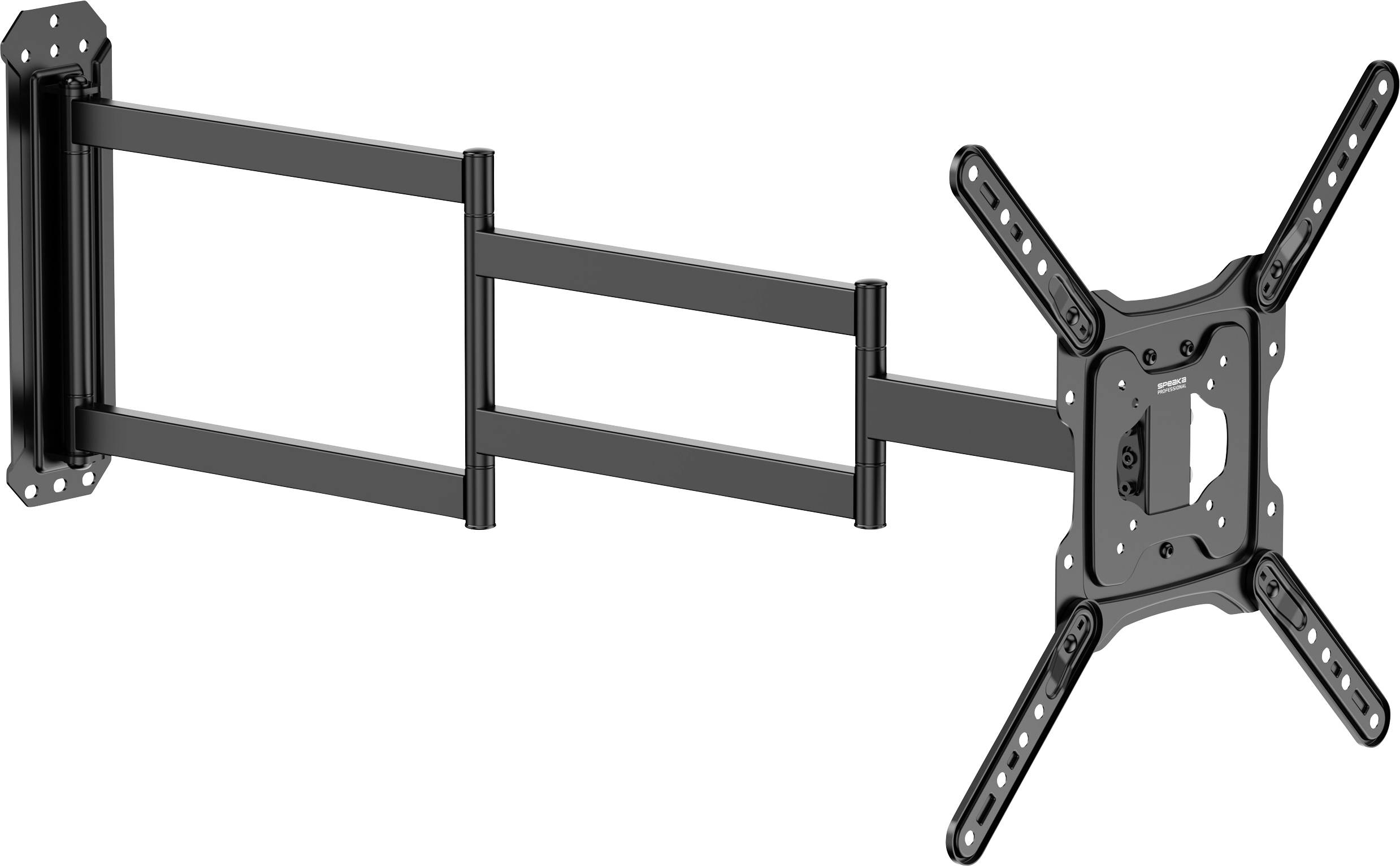 TV wall mount with a pivoting and extendable arm, enabling flexible positioning of the screen on the wall.