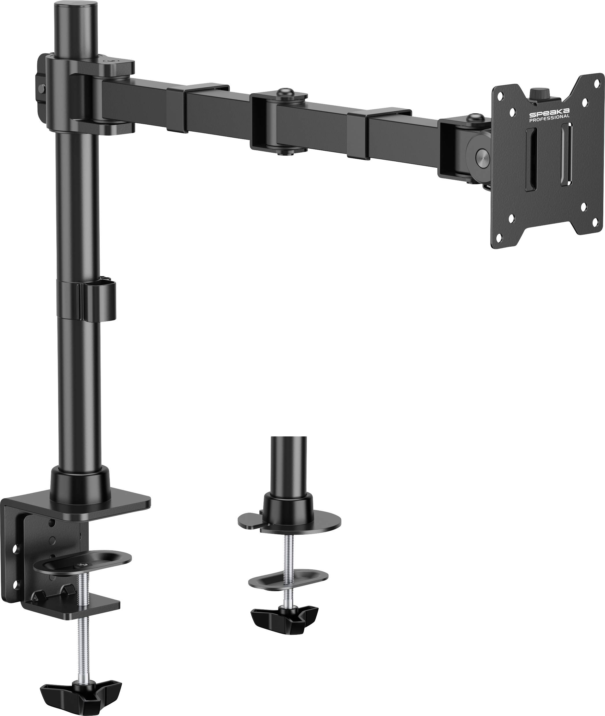 Monitor mount with flexible arm, desk clamp and VESA plate for attaching a display. Adjustable in height and tilt.