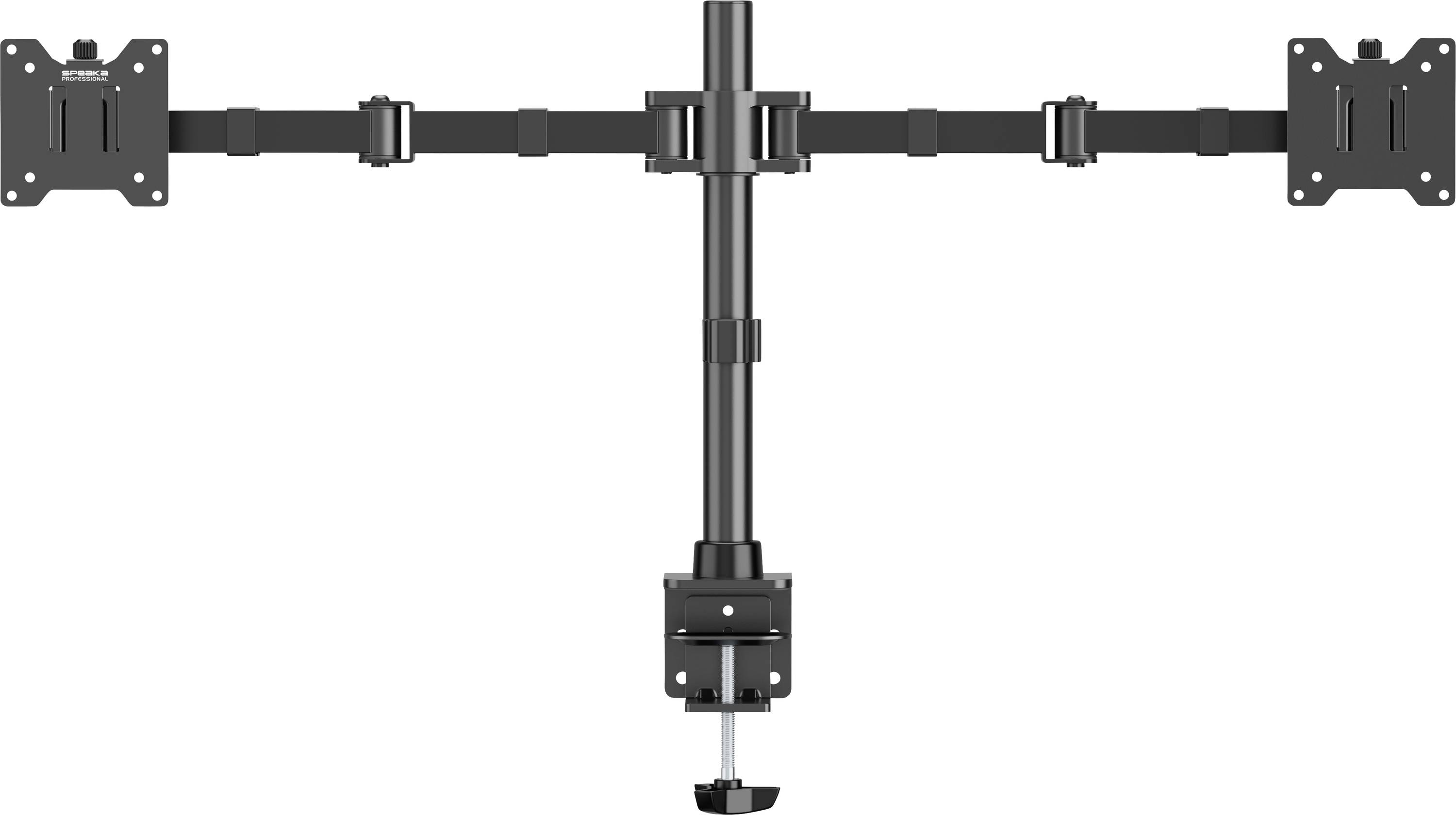 Double monitor mount that attaches to a desk. Two adjustable arms allow flexible positioning of the screens.