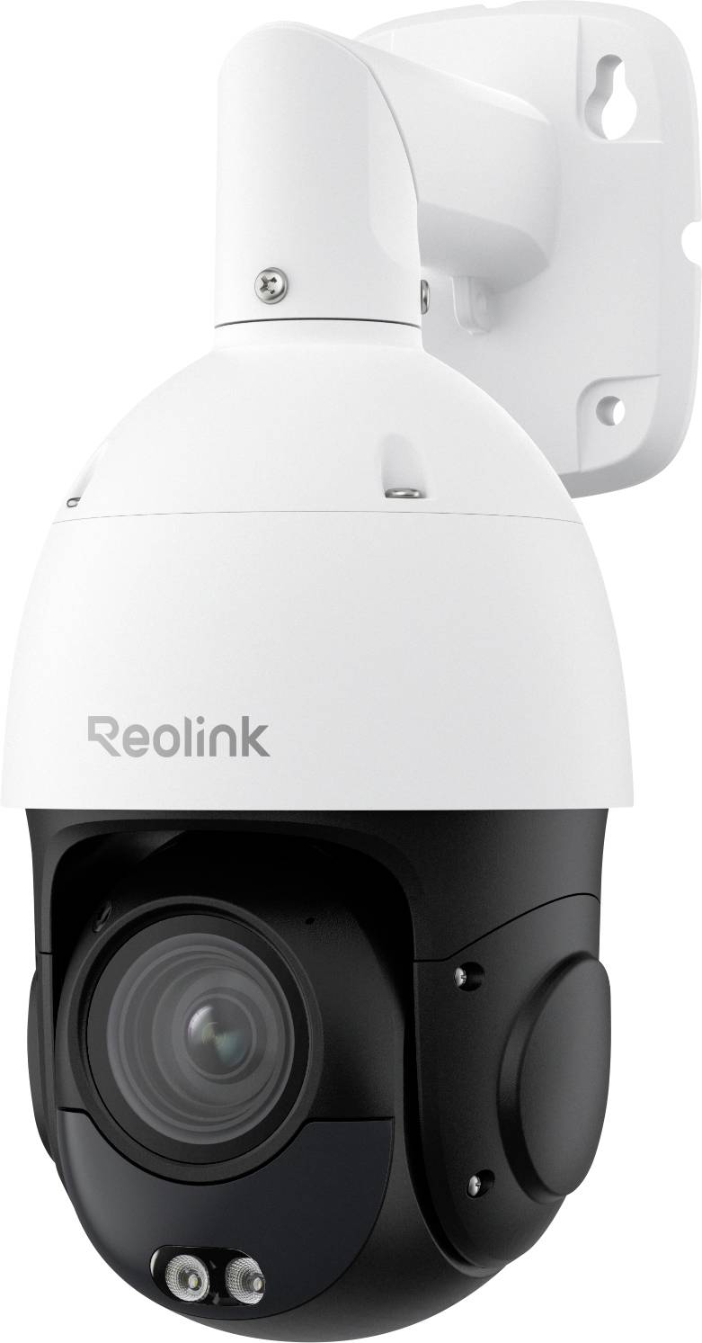 Security camera mounted on a white bracket, featuring a black dome and lens, labeled 'Reolink'.
