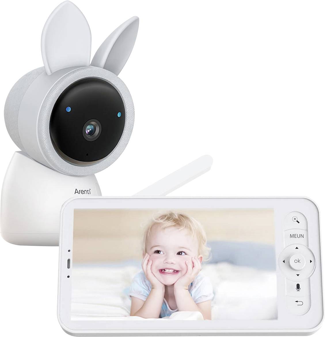 A baby camera in a rabbit design and a monitor display a smiling toddler on the screen.
