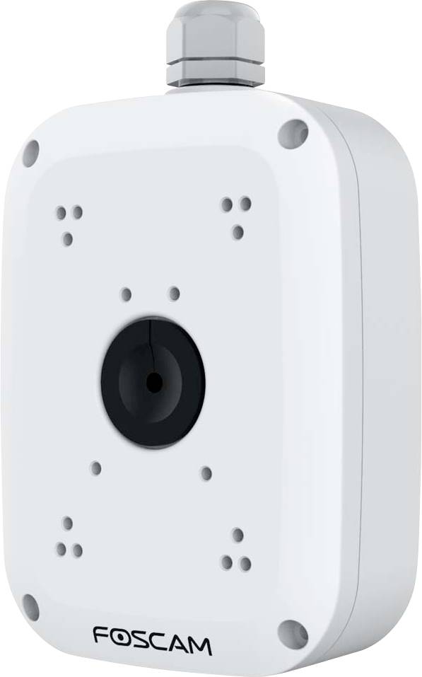 White security camera by Foscam with rounded edges and a black lens in the centre, suitable for surveillance.