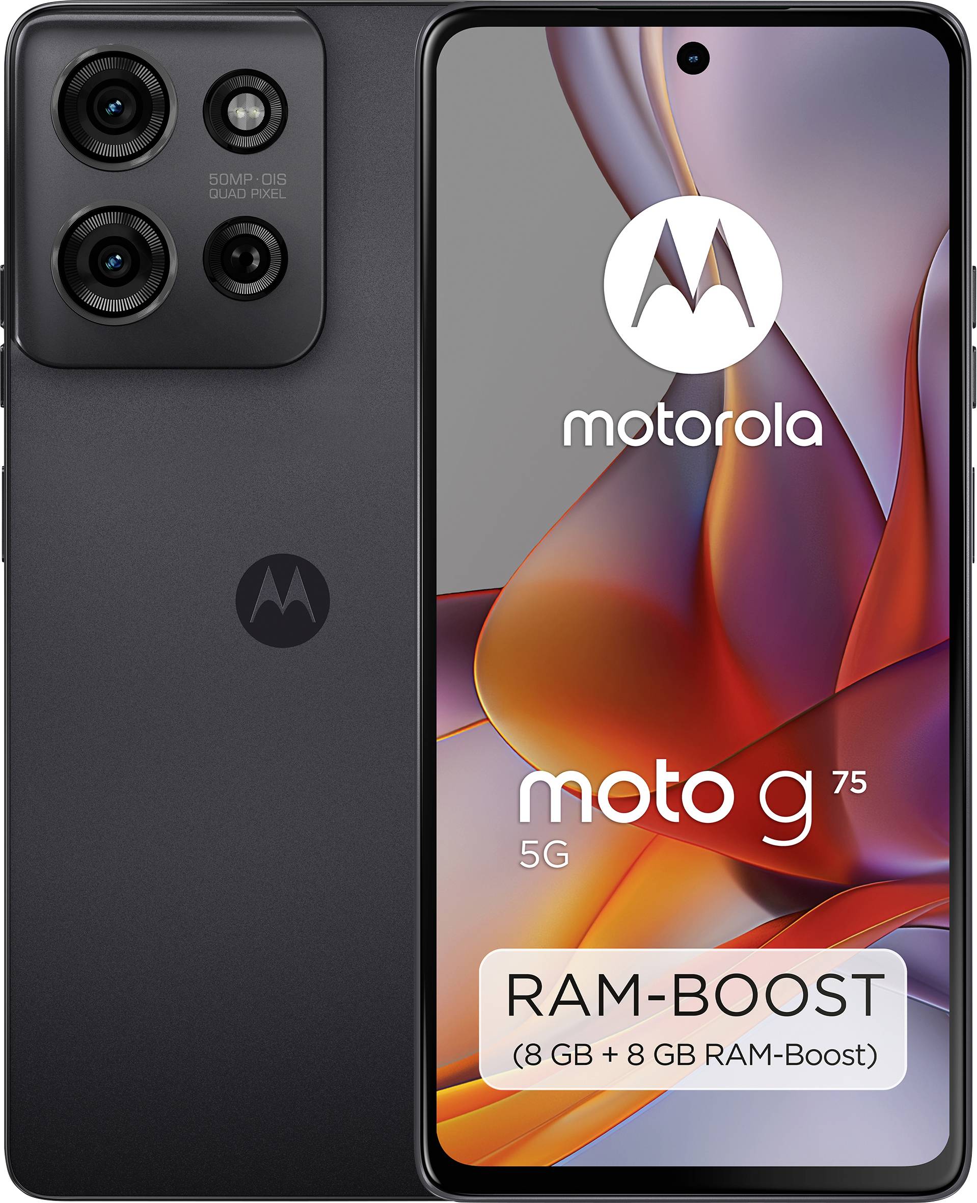 Motorola 'moto g73 5G' smartphone, black back with triple camera and display showing text 'RAM Boost (8 GB + 8 GB RAM Boost)'.
