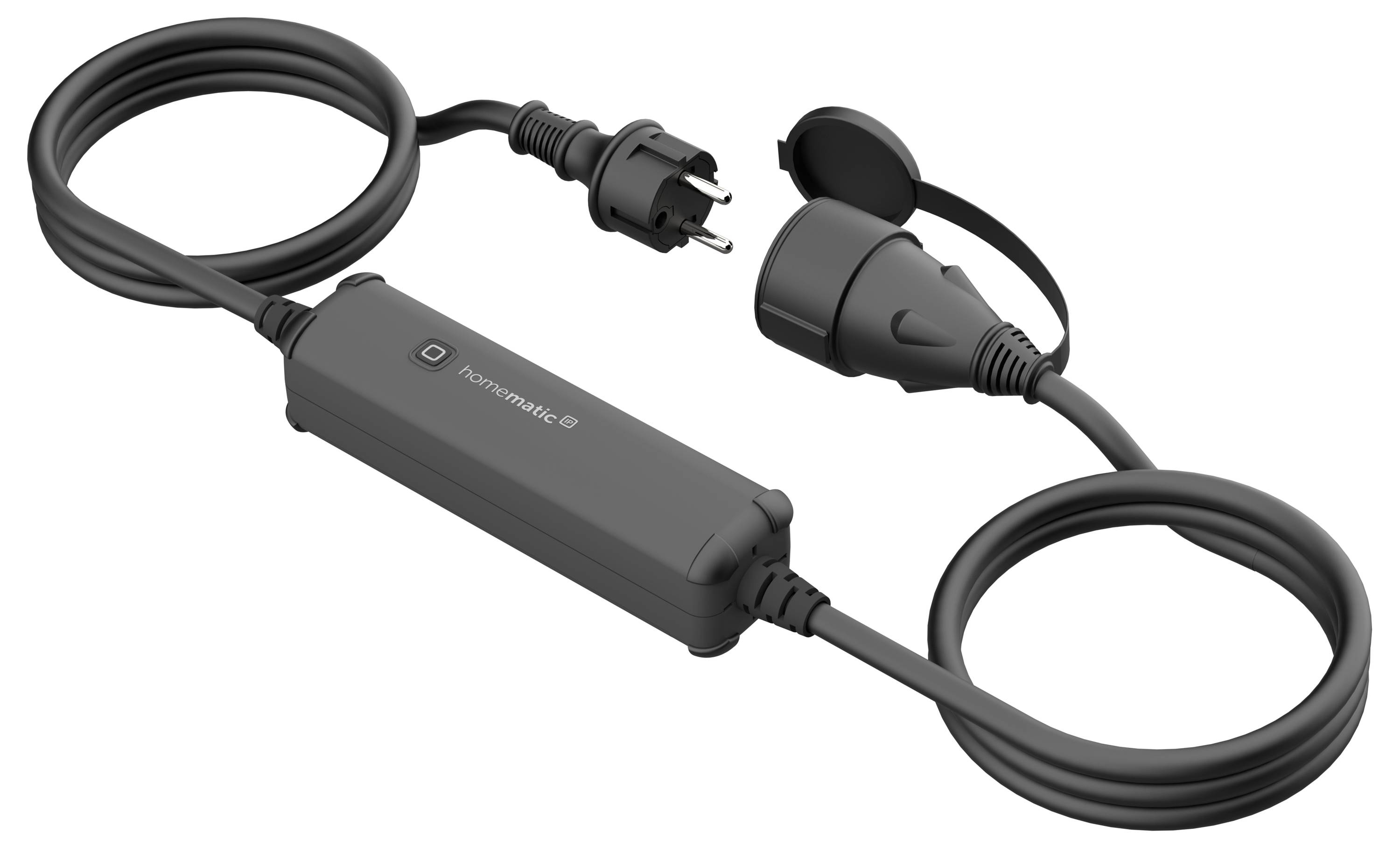 Black, wireless device with plug connection and protective cap; marked with 'homematic'.