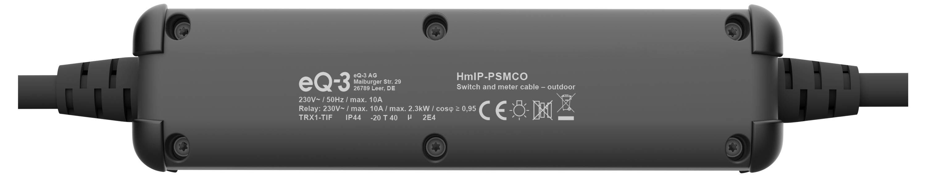 Black device with 'eQ-3' label and technical specifications. Contains CE logo and manufacturer details.