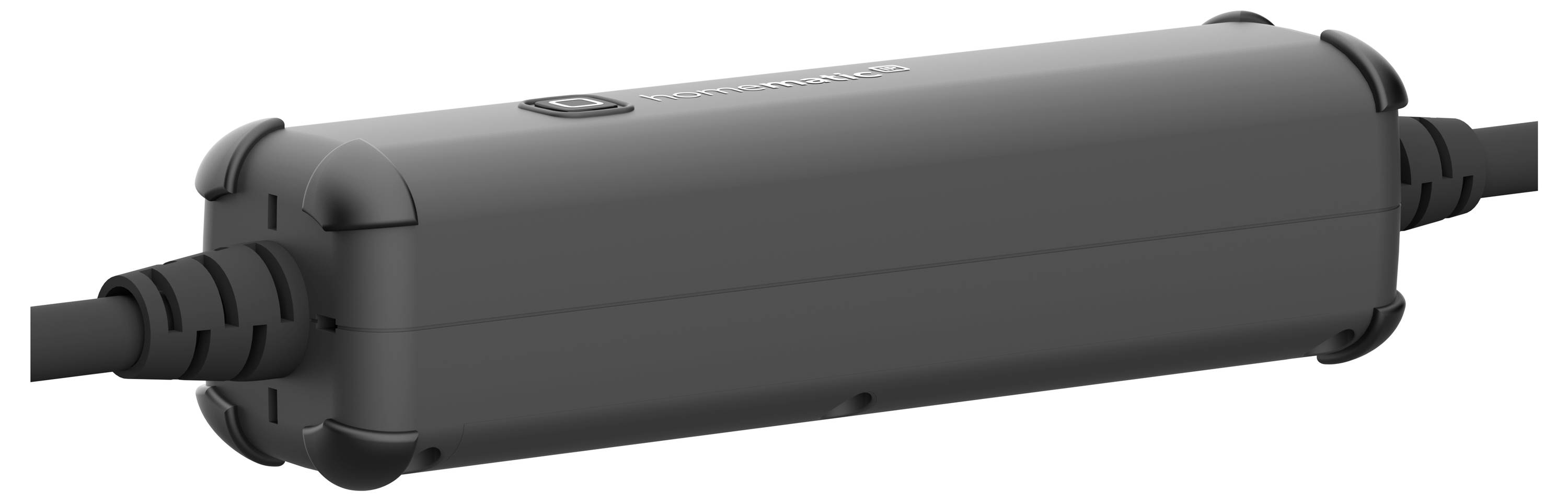 A black cylindrical device with a cable at each end, possibly a power supply or adapter.