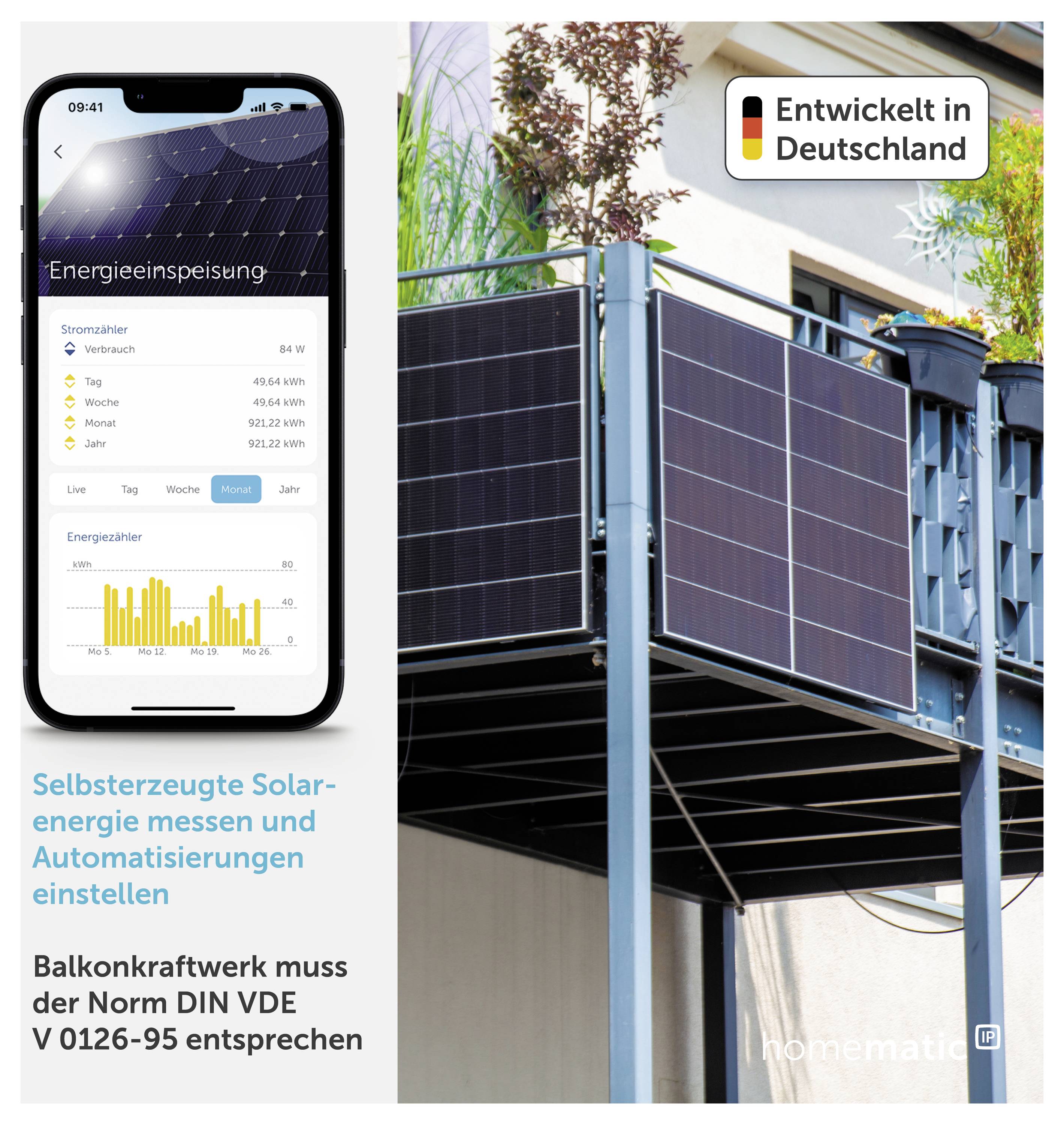 Werbegrafik mit Smartphone-App zur Einspeiseüberwachung und Balkonkraftwerk mit Solarmodulen; Hinweis 'Entwickelt in Deutschland' und Text zur Norm DIN VDE V 0126-95.