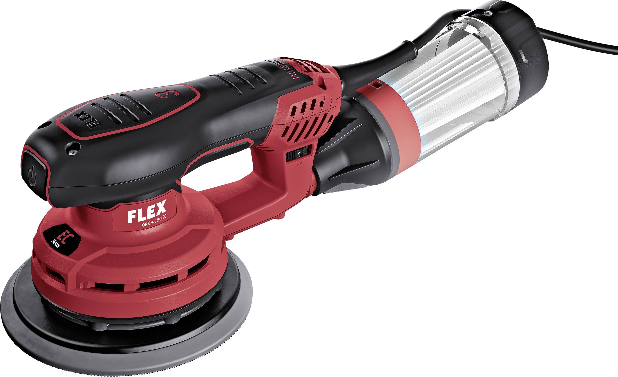 A red electric grinding machine with a long handle and black grip, depicted on a white background.