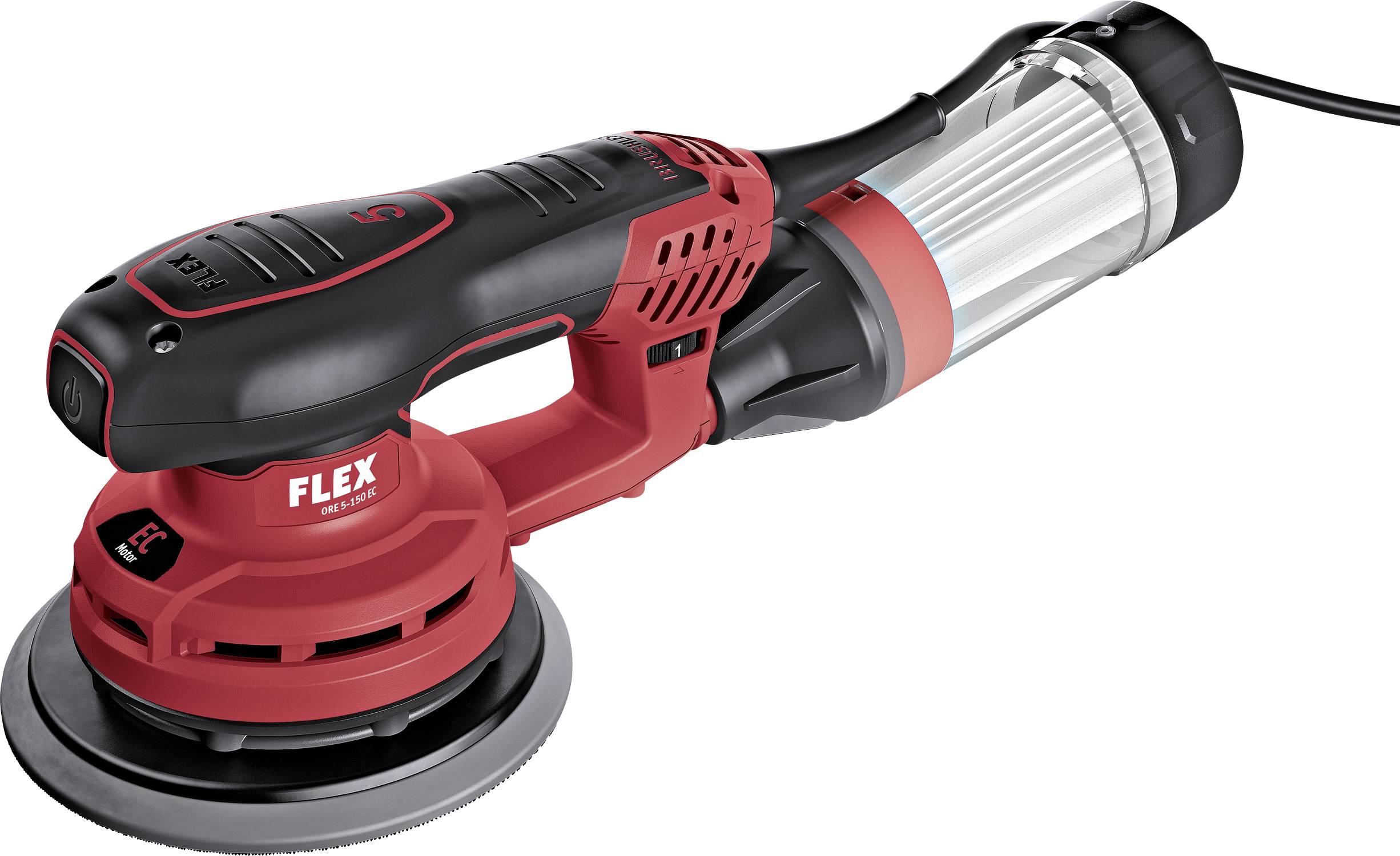 A red and black polishing machine with a dust container is shown from the side. It is suitable for surface treatment.
