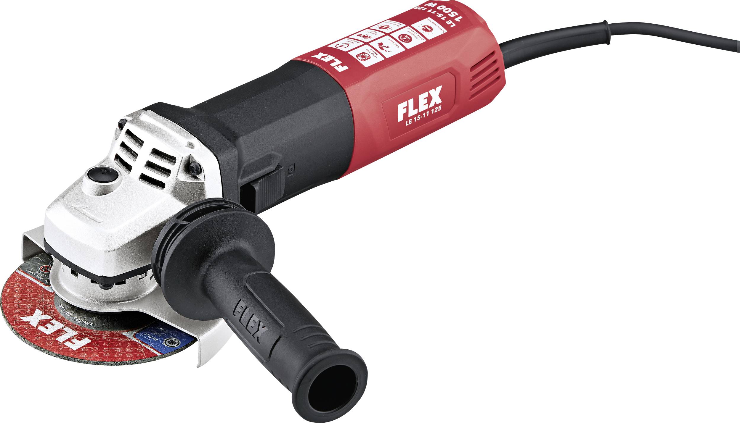 An electric angle grinder with a red handle and black protective housing, suitable for cutting and grinding materials.