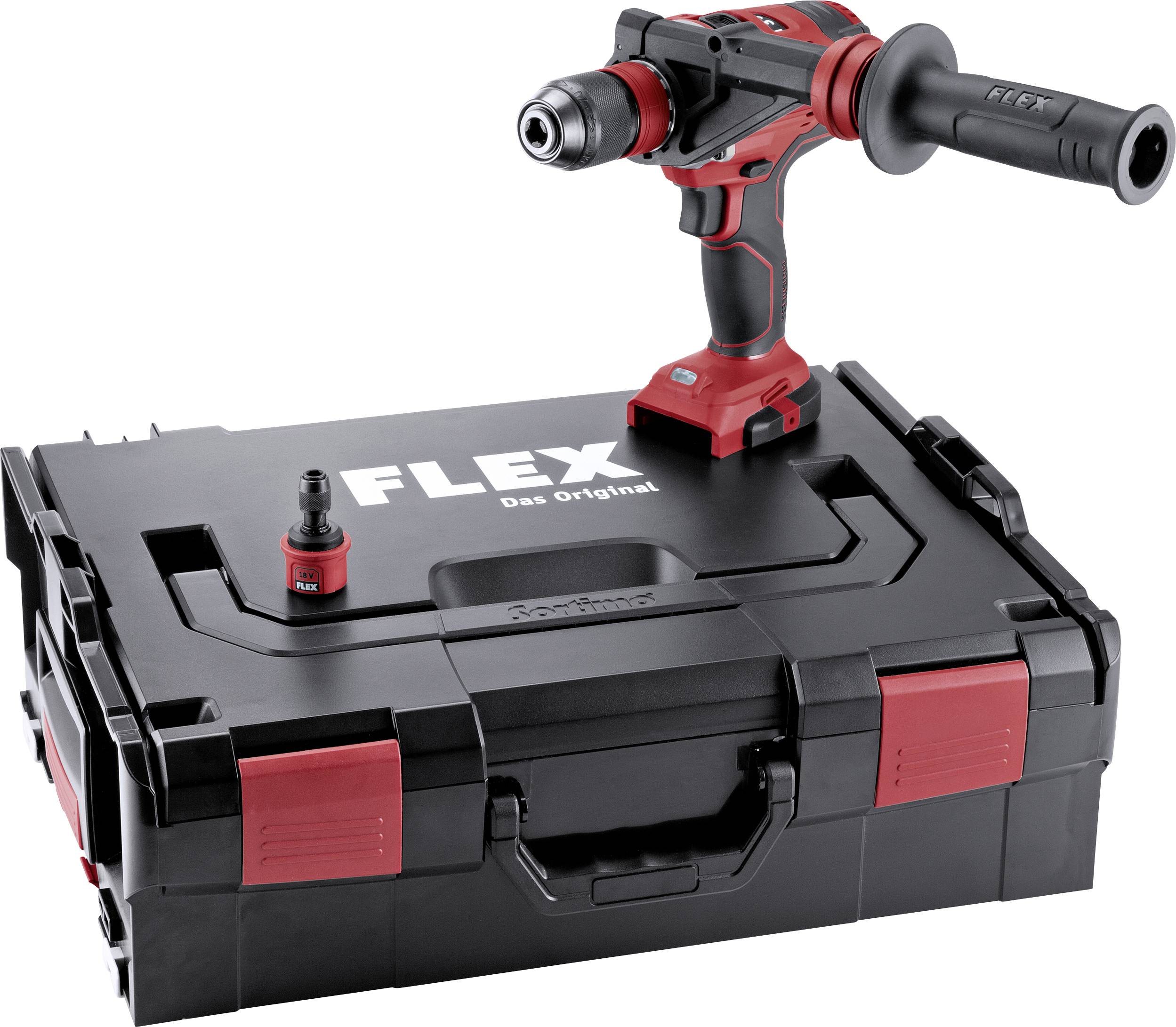 Cordless drill on a black tool case with the inscription FLEX.