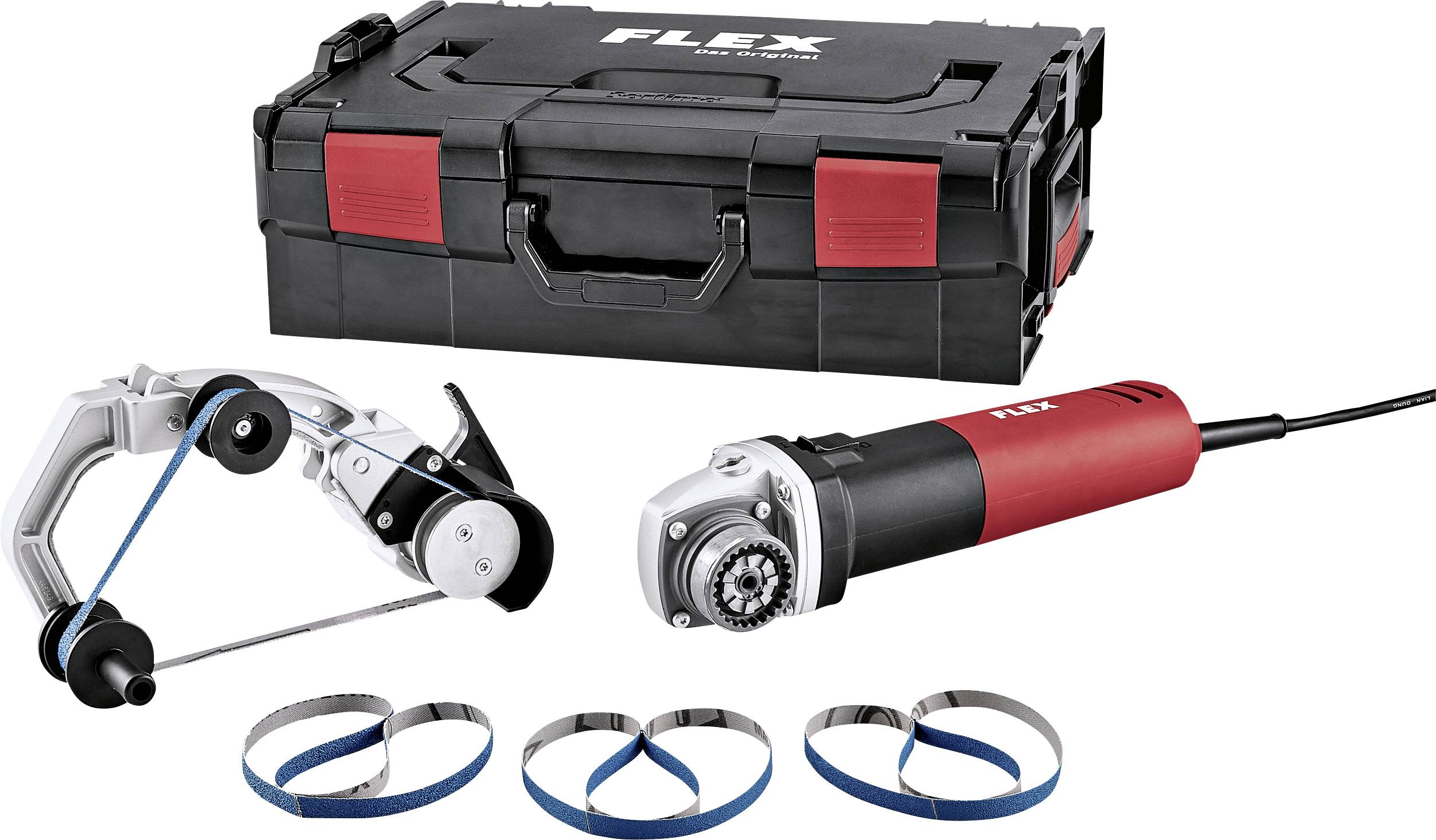 Electric grinding tool with accessories, including grinding bodies and bands, in front of a portable black toolbox. Ideal for precise grinding.