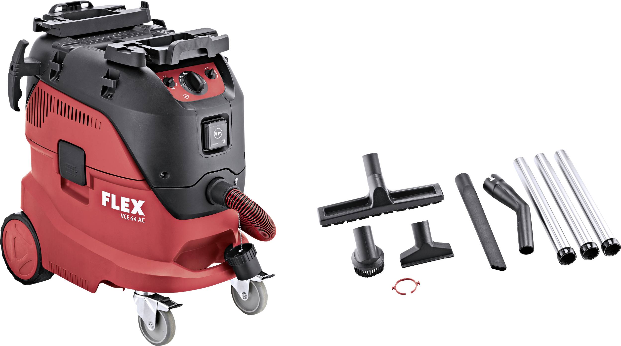 Industrial vacuum cleaner in red and black with flexible accessories, including various nozzles and extension tubes.