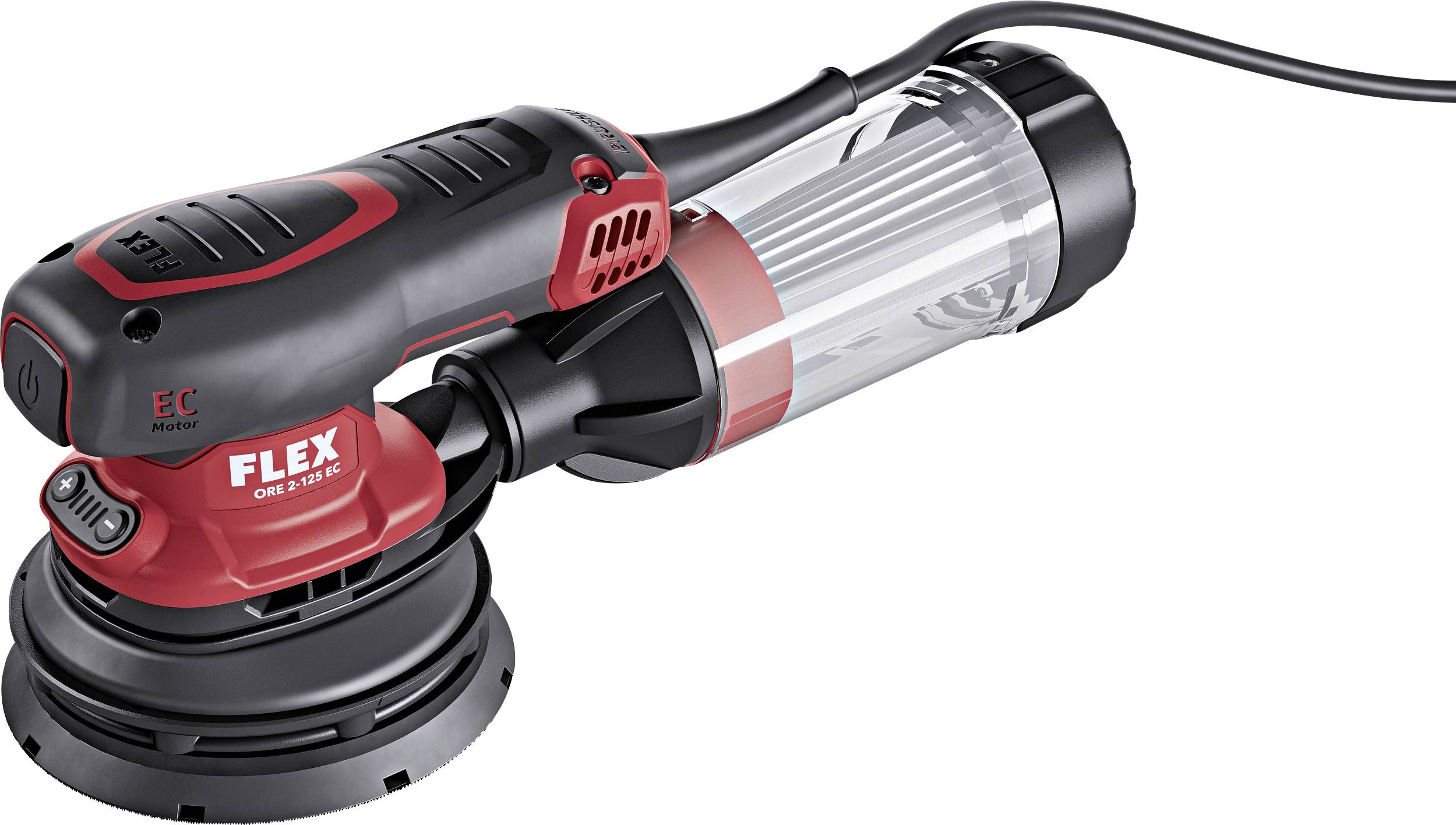 Eccentric sander with a red accent, black casing and transparent dust container, side view, with cable connection.