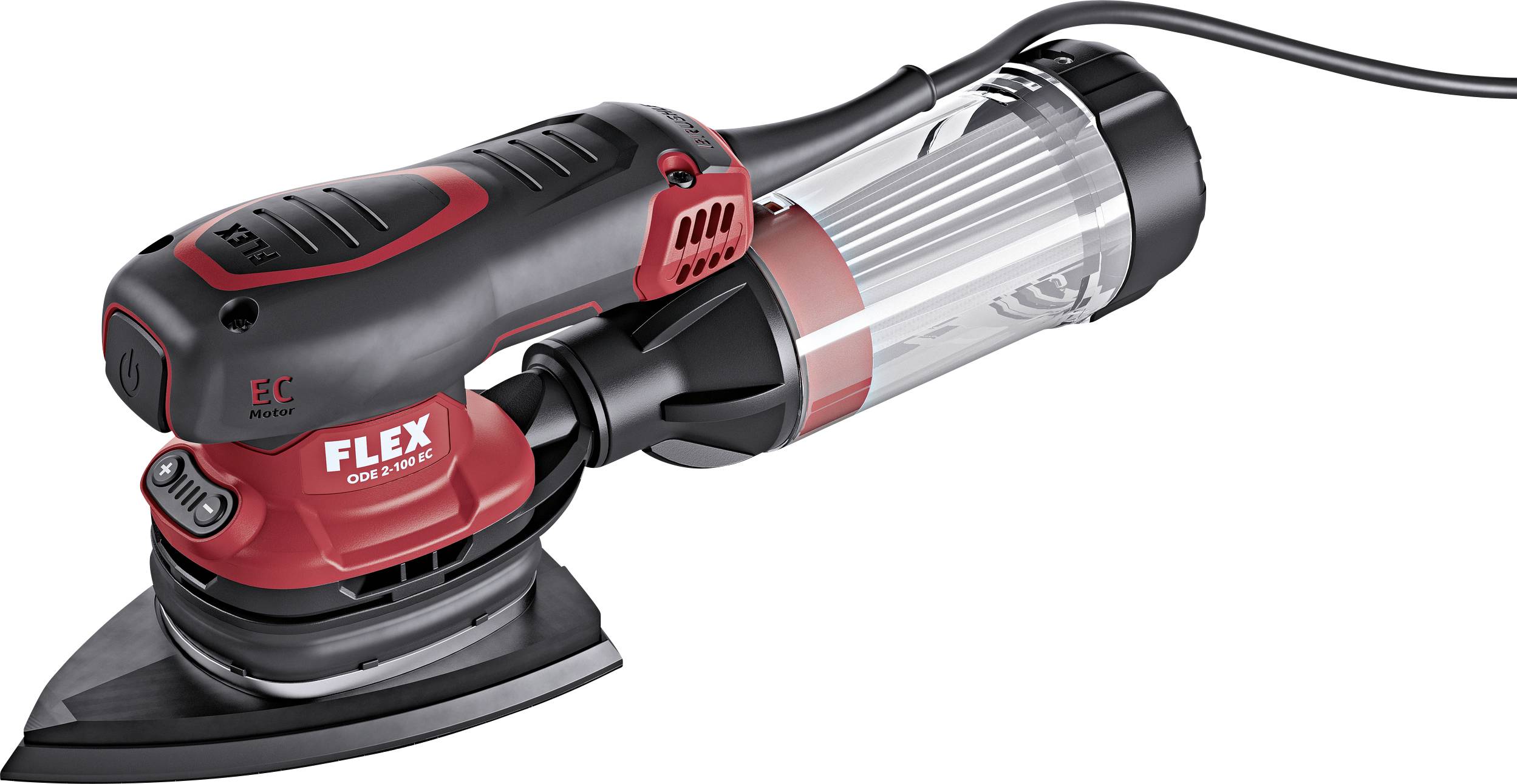 An electronic sanding tool in black and red. It has a triangular sanding plate and a dust collection container.