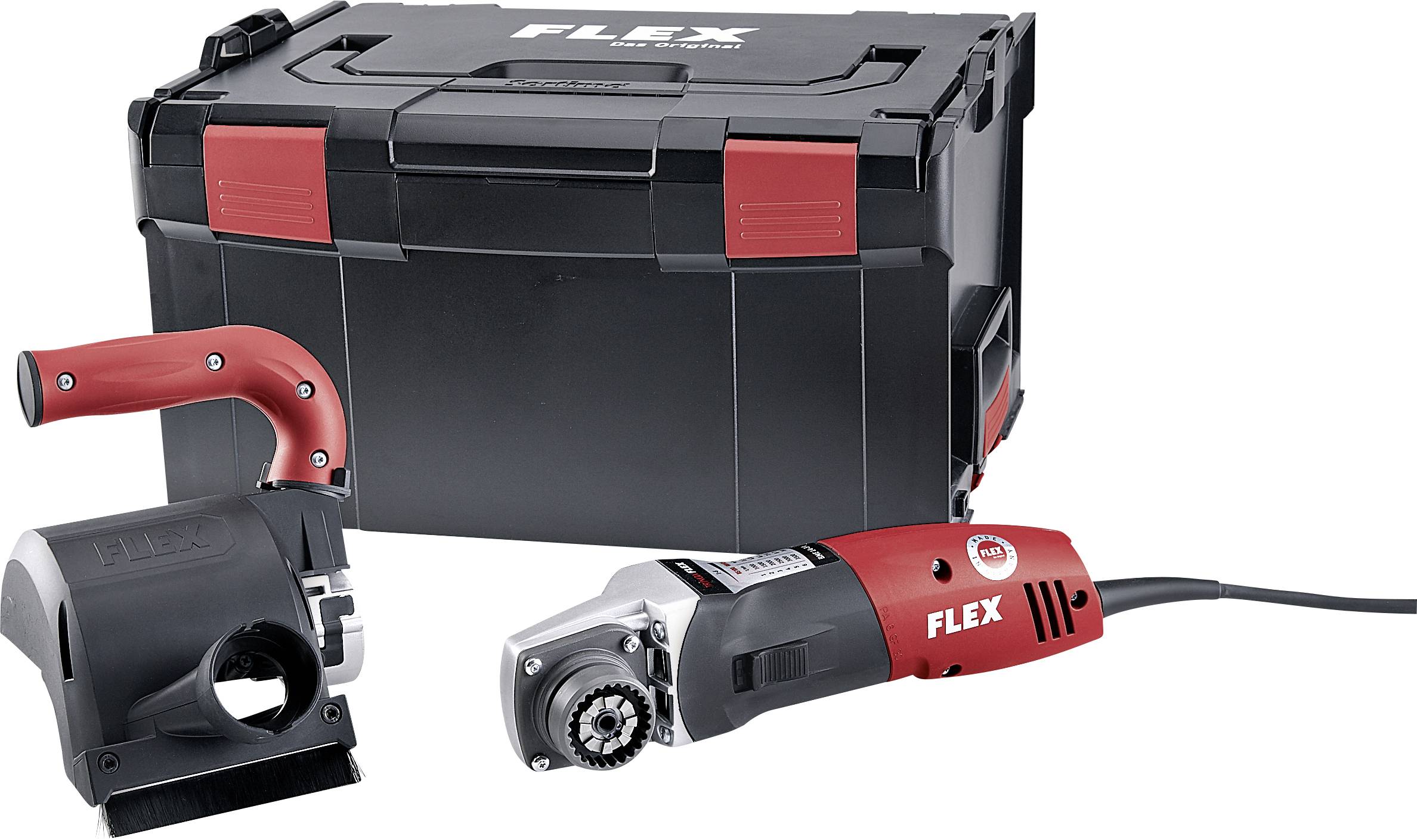 A red and silver angle grinder positioned in front of a black tool case with red accents.
