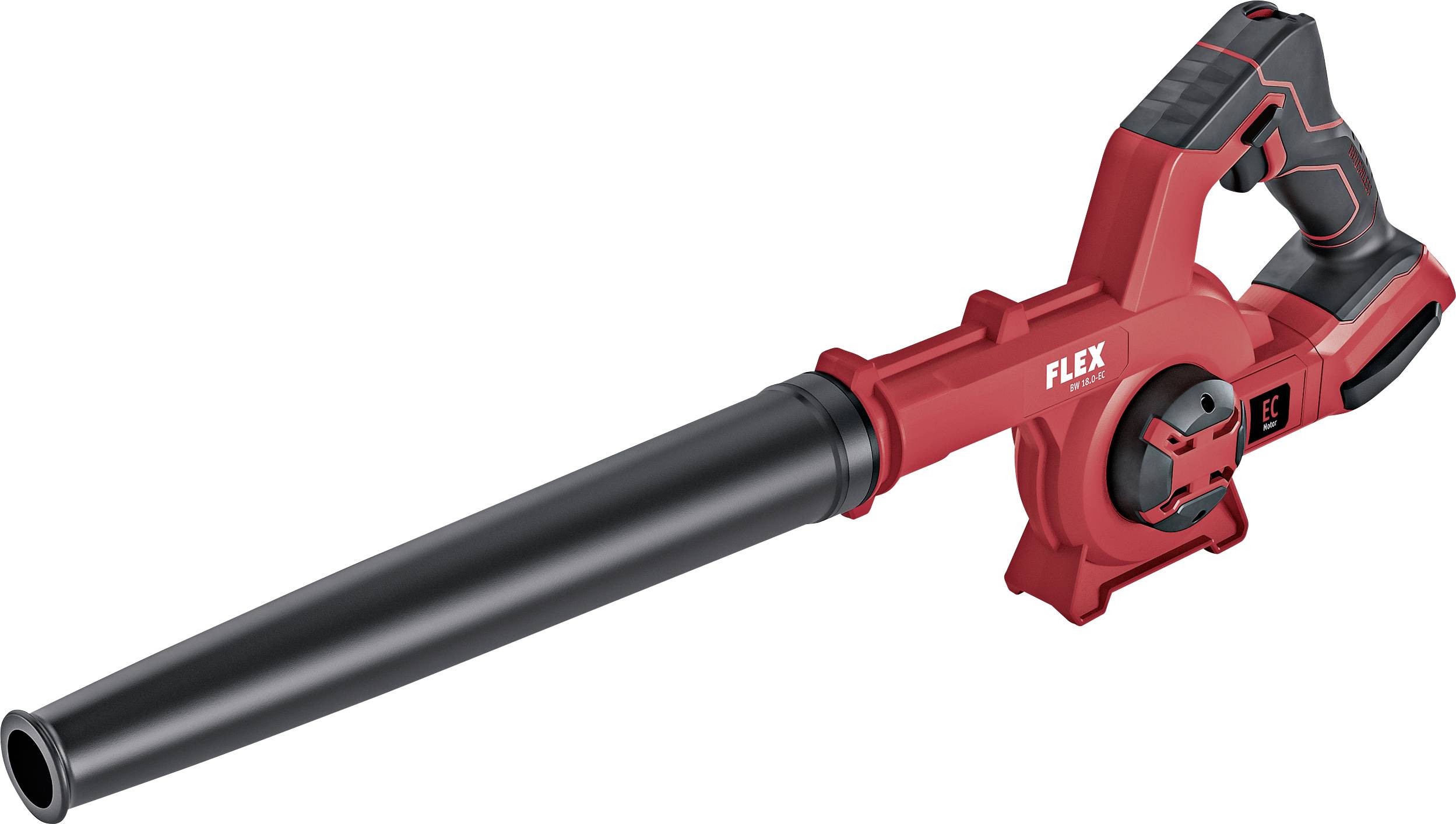 Red and black garden blower for cleaning purposes. Ergonomic handle, long nozzle for precise removal of leaves and debris.