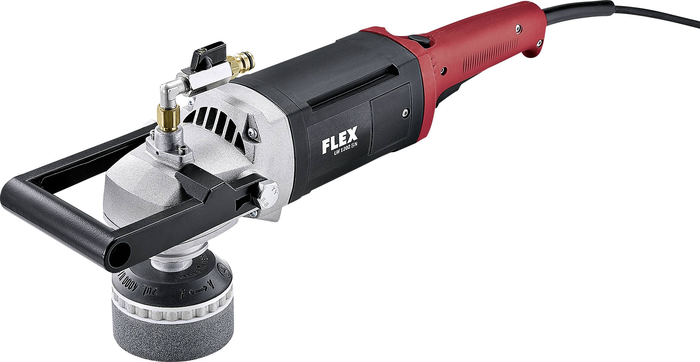 Tool: Electric polisher with a red handle and black casing, for car care and surface treatment.