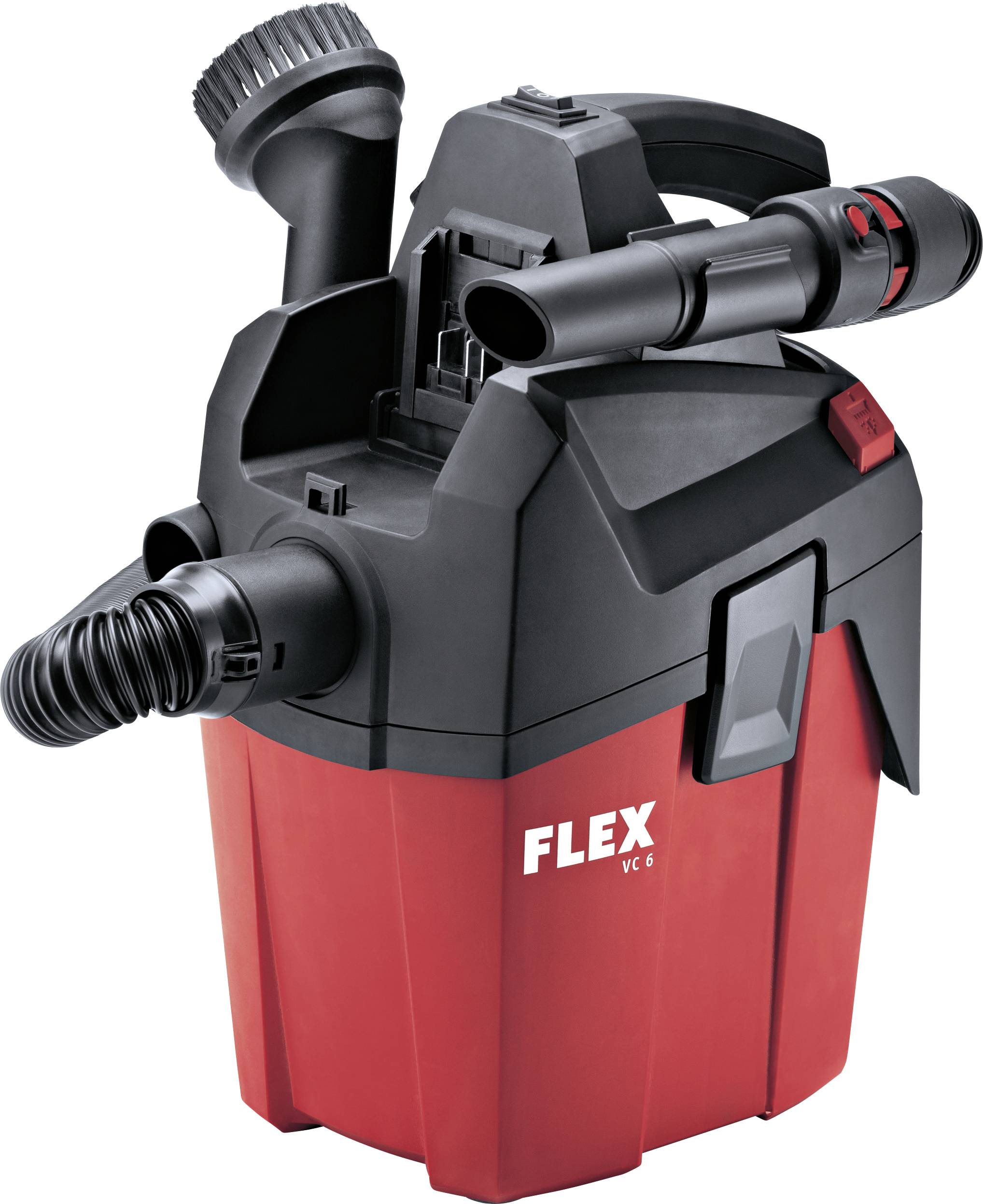 Red and black industrial vacuum cleaner with multiple nozzles and handles.
