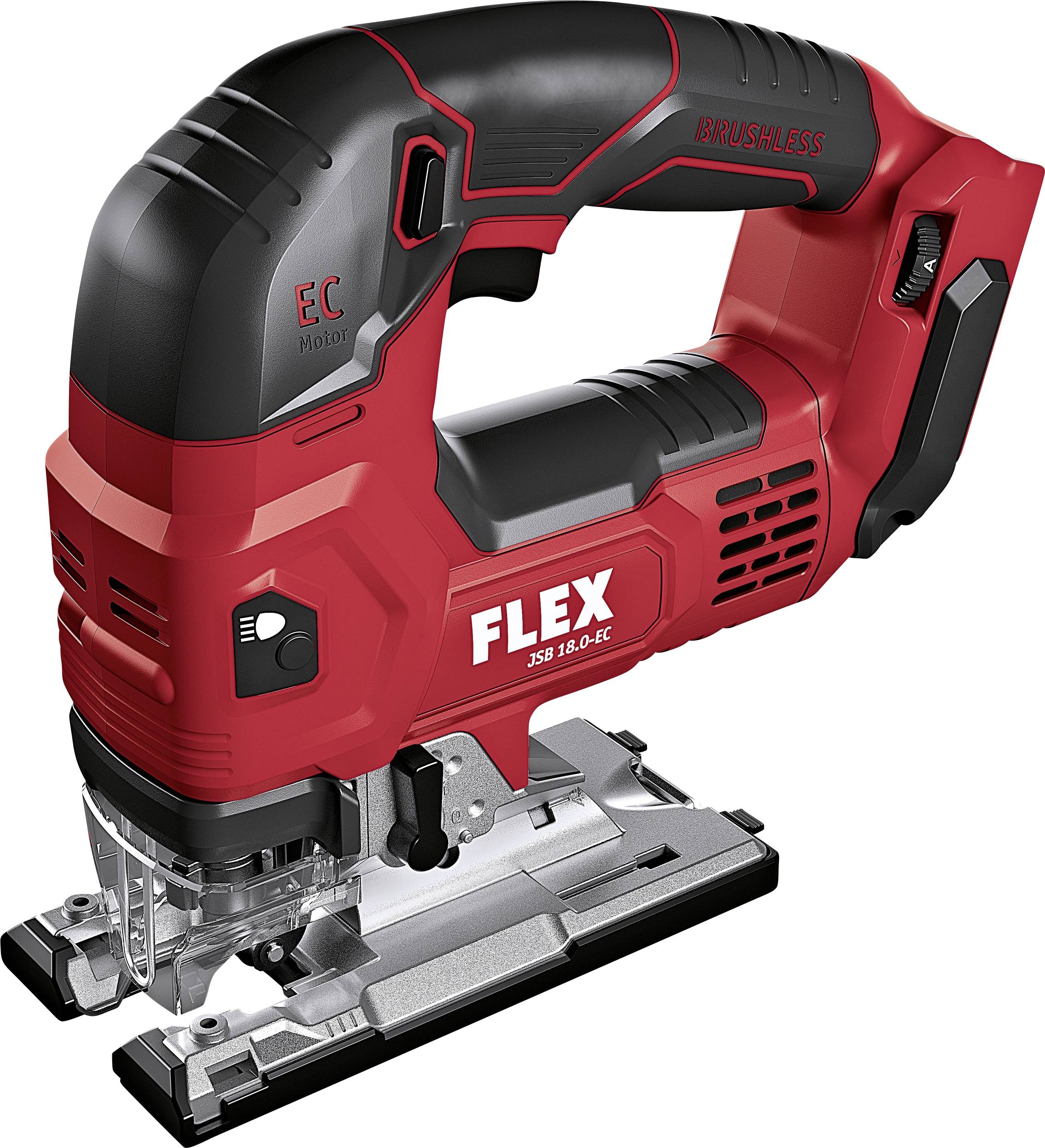 Red jigsaw saw with an ergonomic handle and black accent. Model name 'FLEX JSB 18.0-EC' on the side.