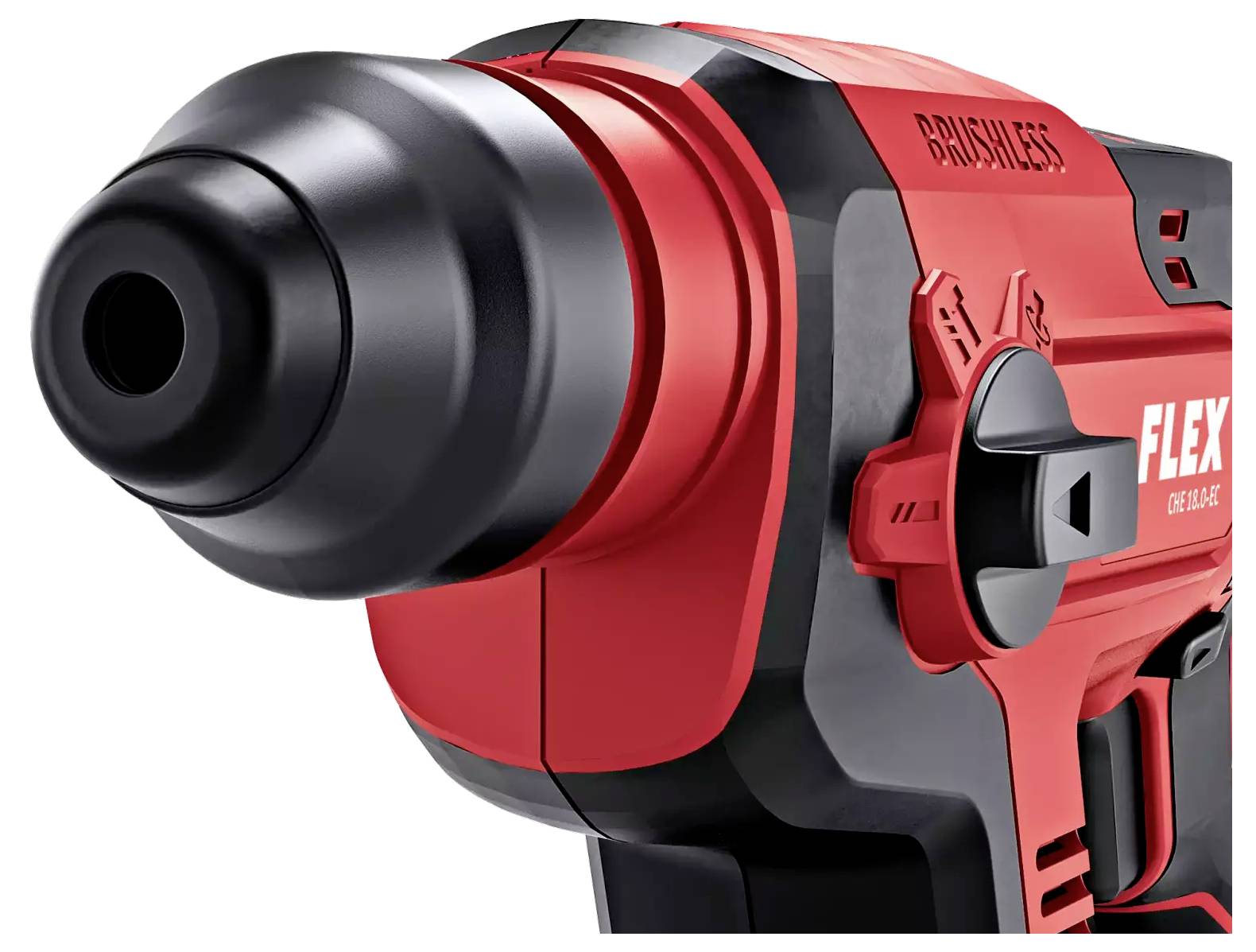 Red and black cordless hammer drill, marked with 'Brushless', offers high performance and efficiency.<br><br>Translation to British English:<br>Red and black cordless hammer drill, marked with 'Brushless', delivers high performance and efficiency.