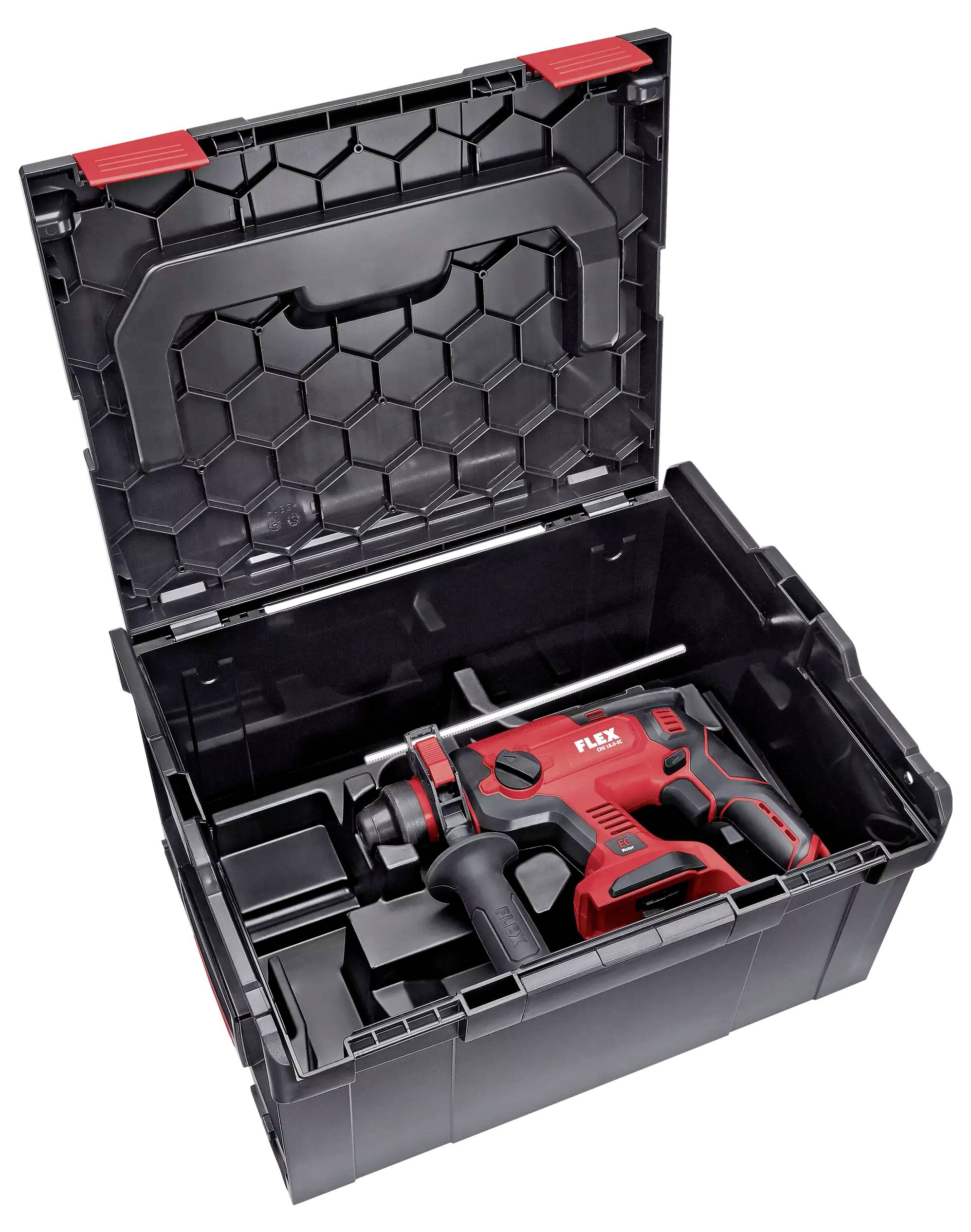 A red and black drill hammer in an open black tool case. The handle is ergonomically shaped.