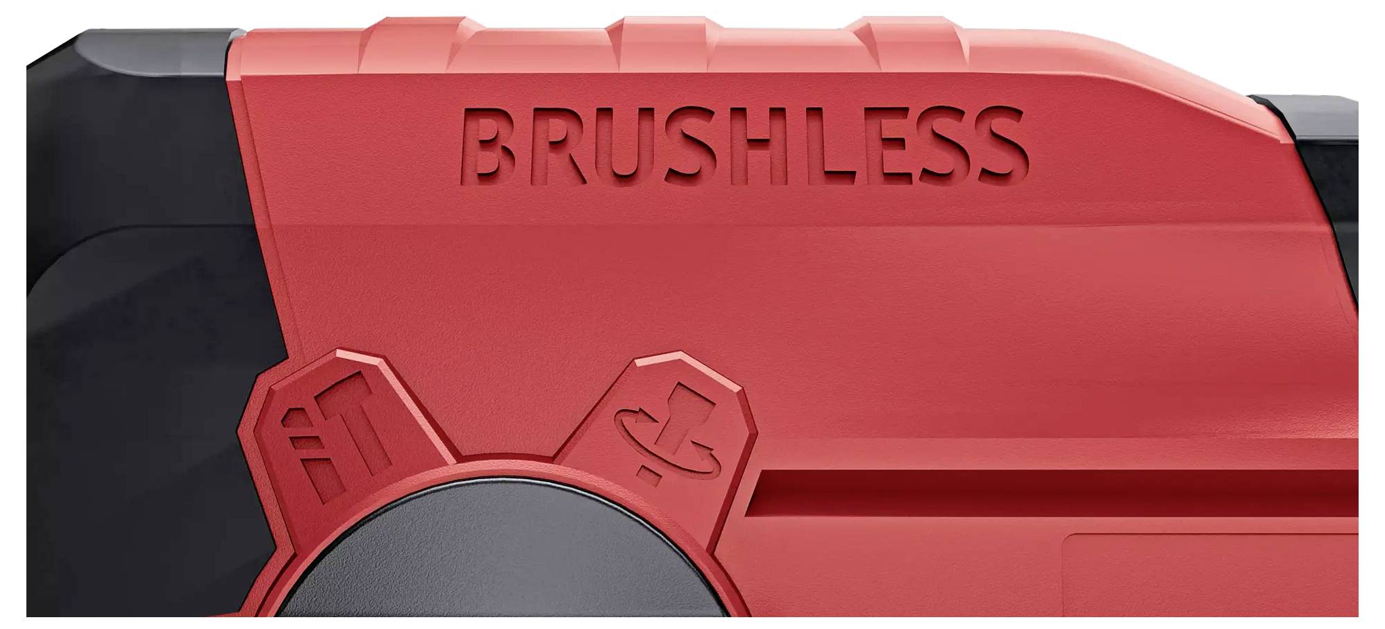 A section of a red electric power tool motor cover with the inscription 'BRUSHLESS' and three symbols on the left side.