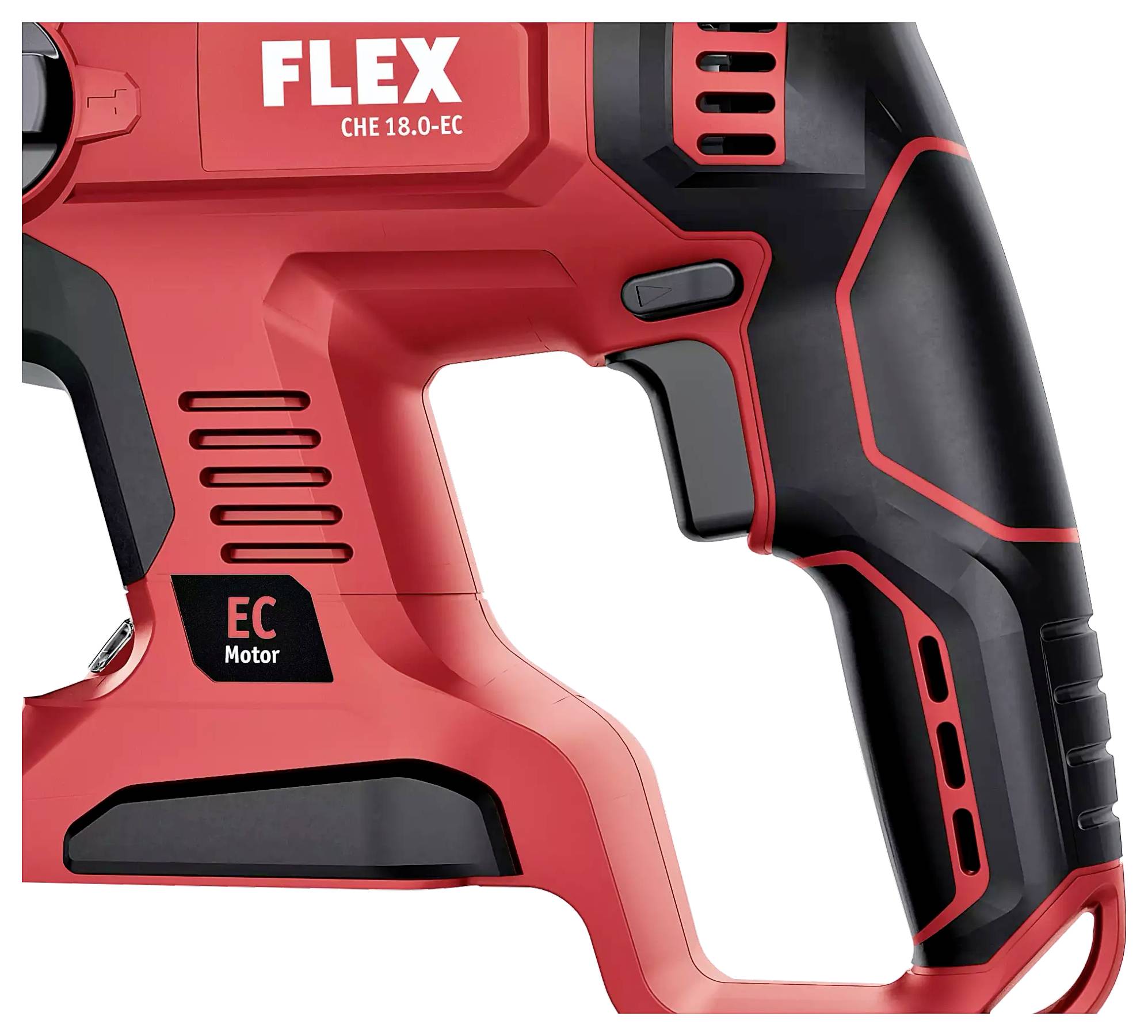 Red handle of a FLEX power tool with a black accent, model CHE 18.0-EC. Part of the housing with an EC motor is visible.