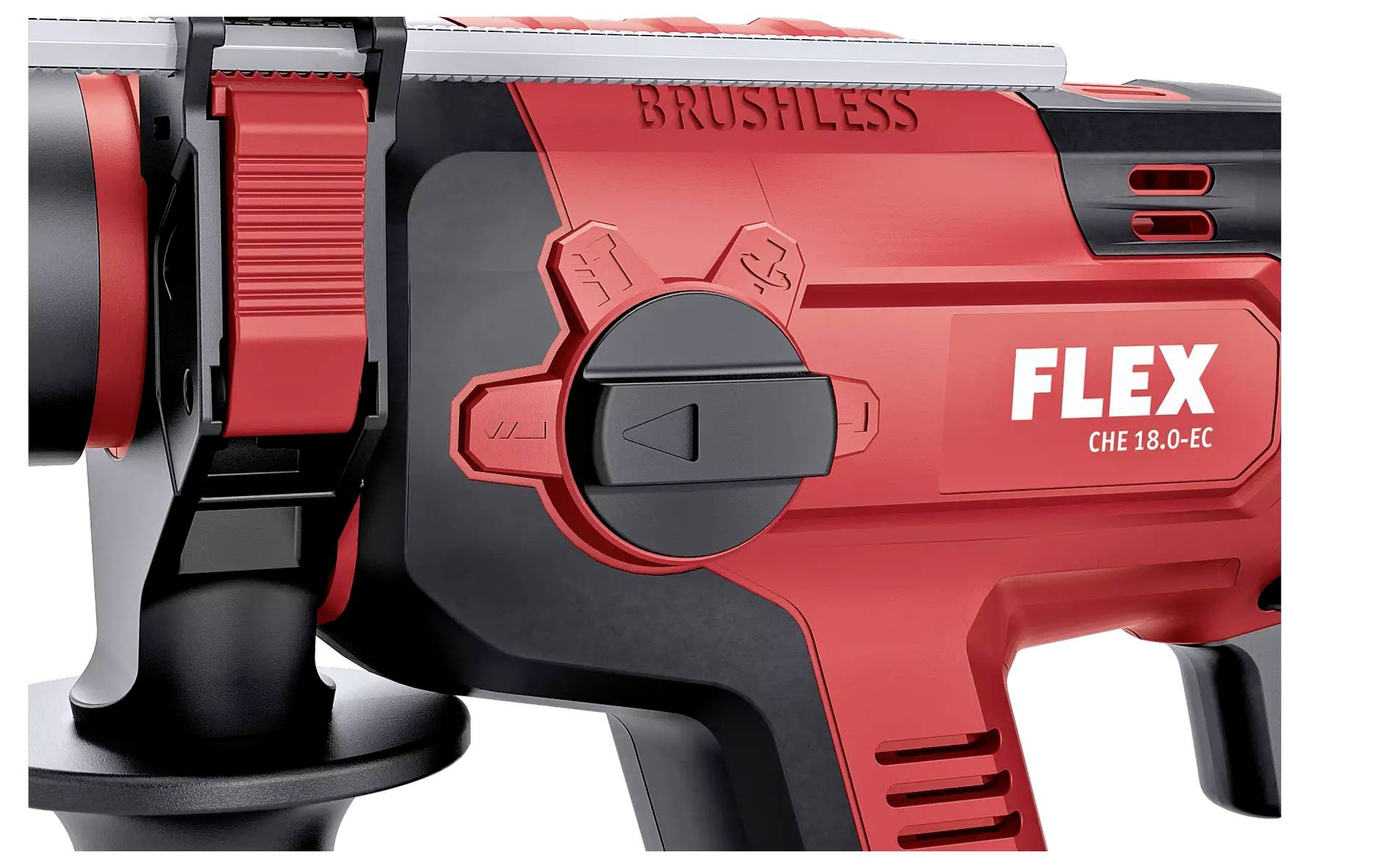 A red, electric drill hammer with the inscription 'FLEX CHE 18.0-EC' and 'BRUSHLESS' on top. It displays operating controls and handles.