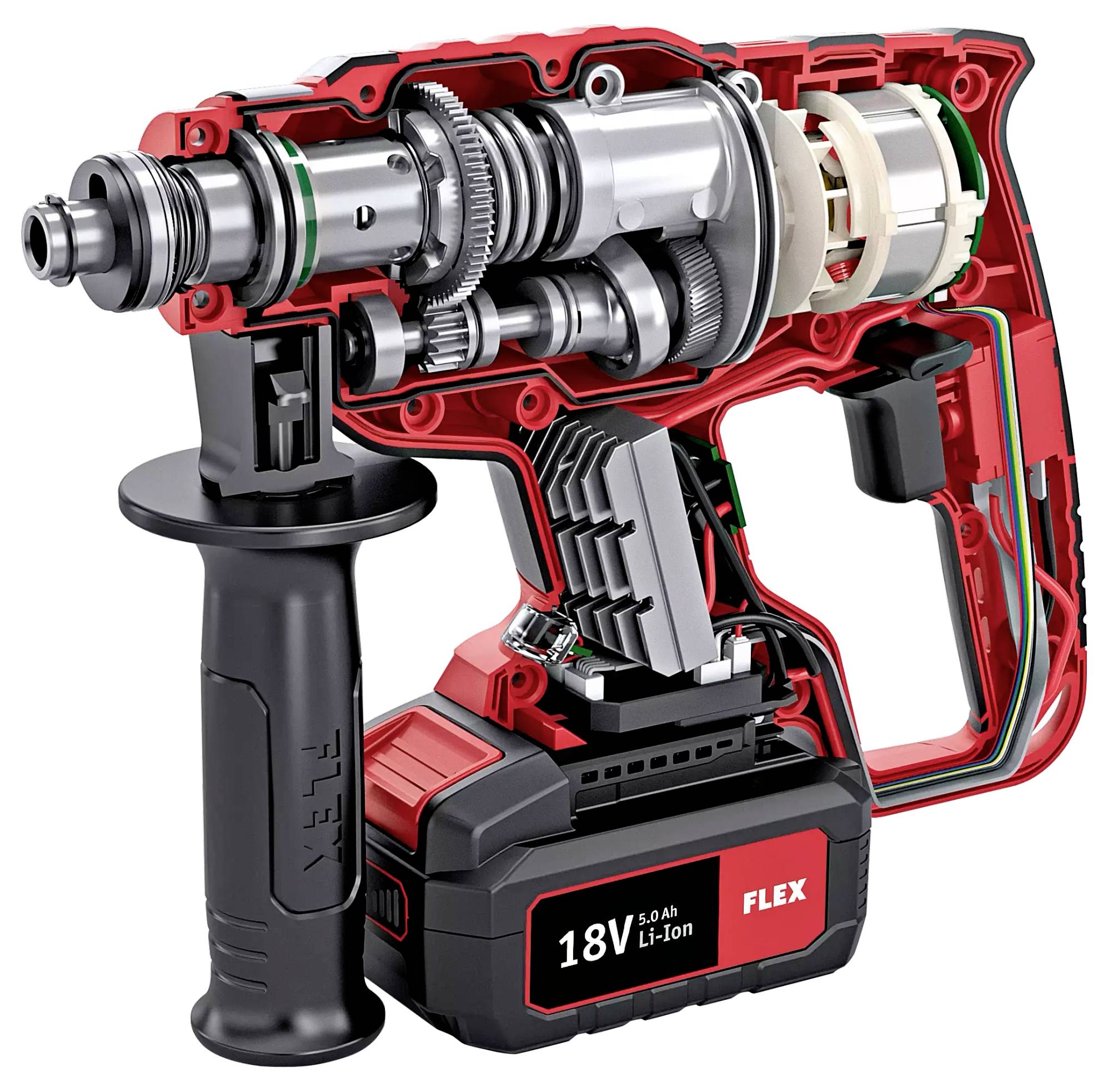 A cross-sectioned cordless drill revealing its internal components, including gears, motor and battery with 18V 5.0 Ah Li-Ion specification.