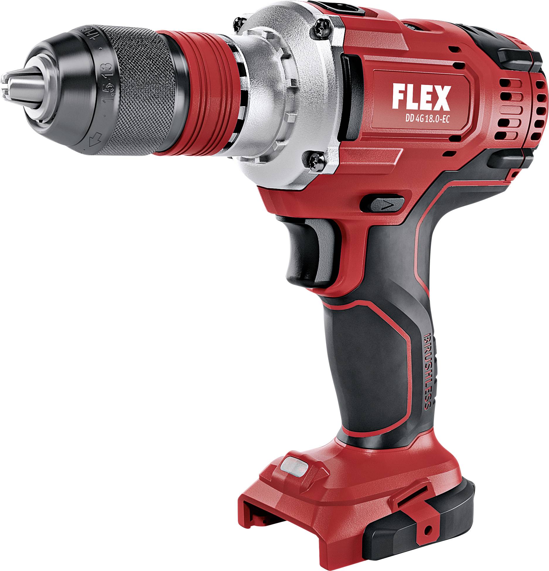 A red cordless drill by 'FLEX'. It has an ergonomic handle and a robust design, perfect for construction work.