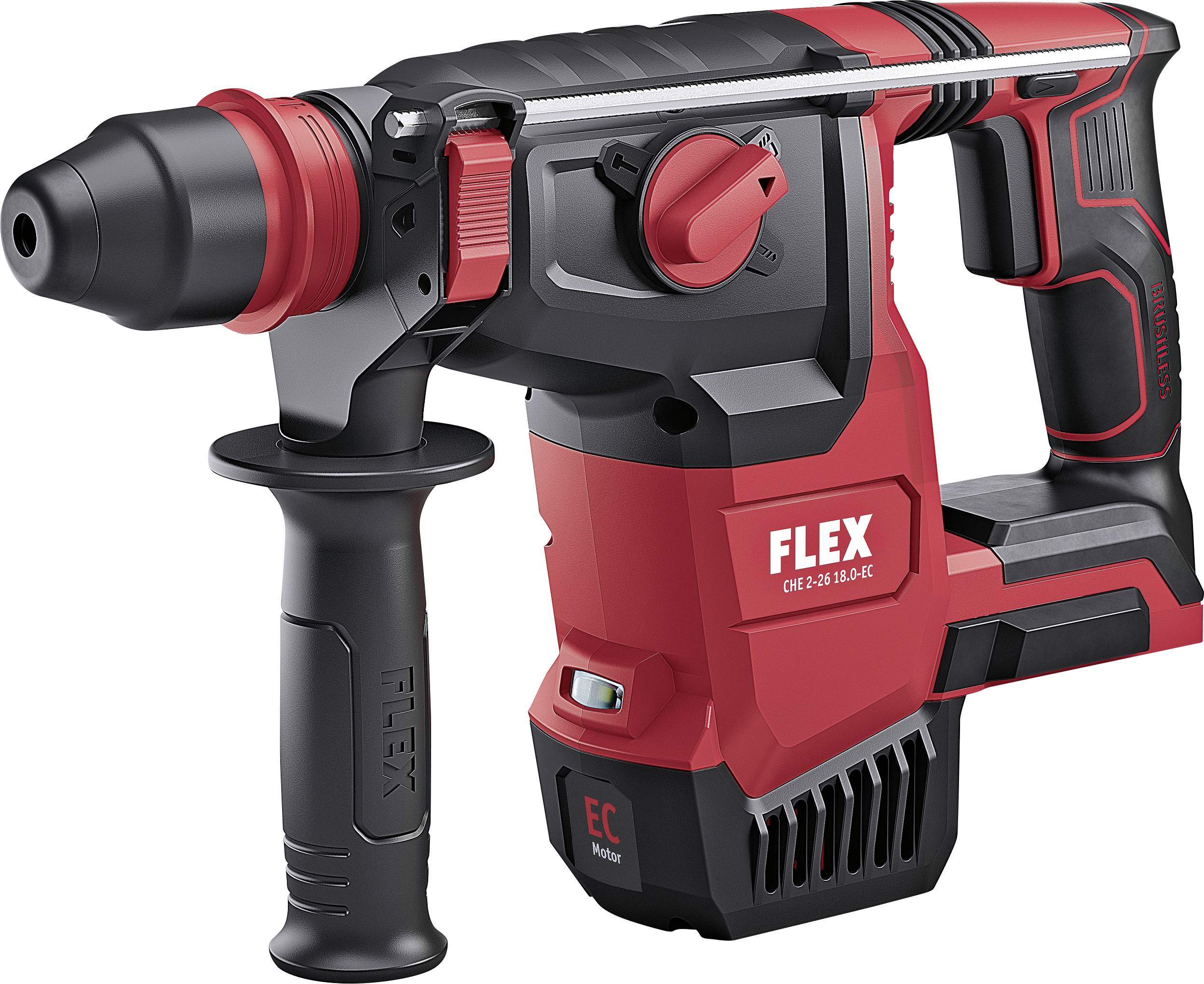 Images of a red cordless hammer drill with a black handle, rotary dial on top, and 'FLEX' marking on the side.