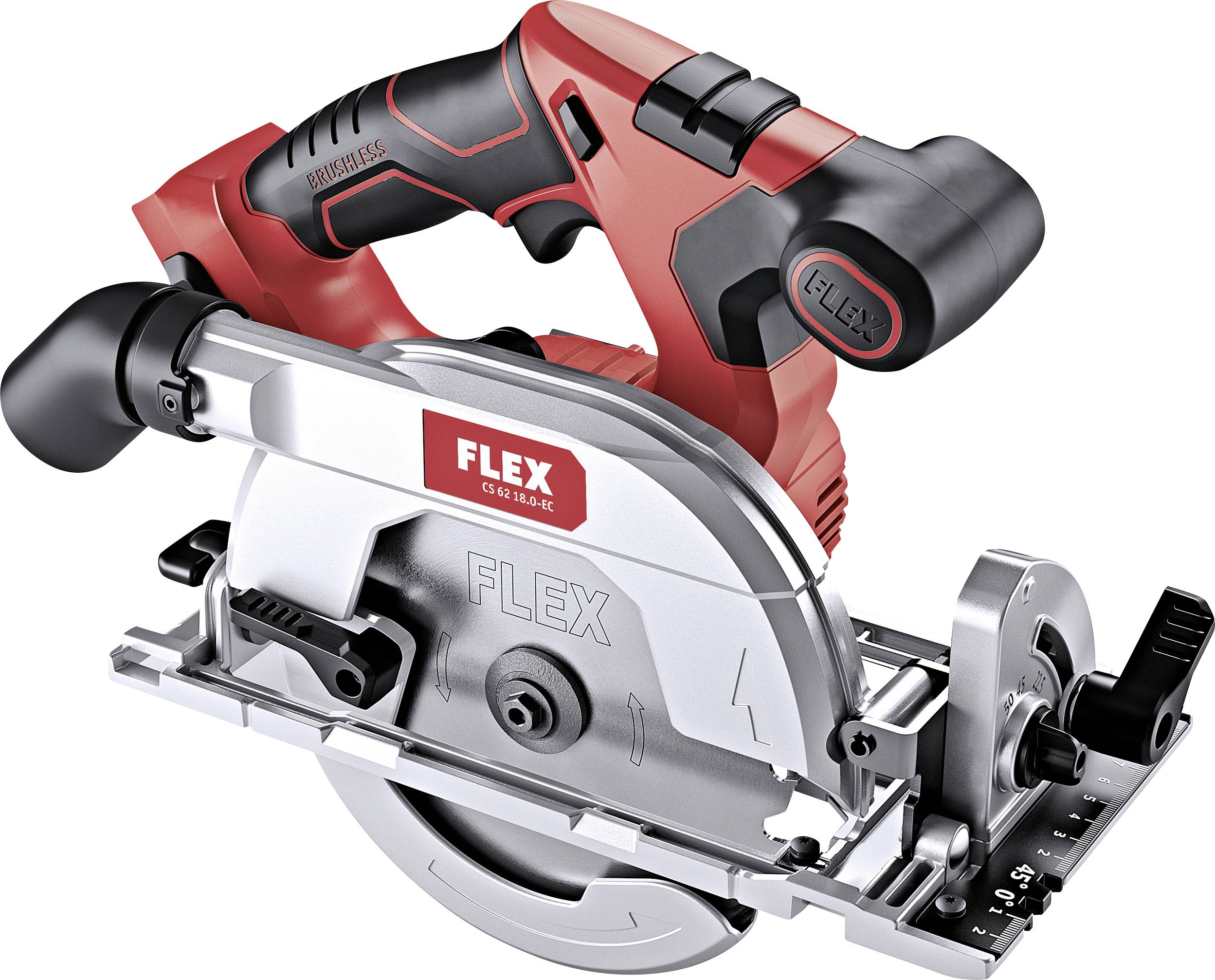 A circular saw with a red handle and silver blade, with 'FLEX' written on it.