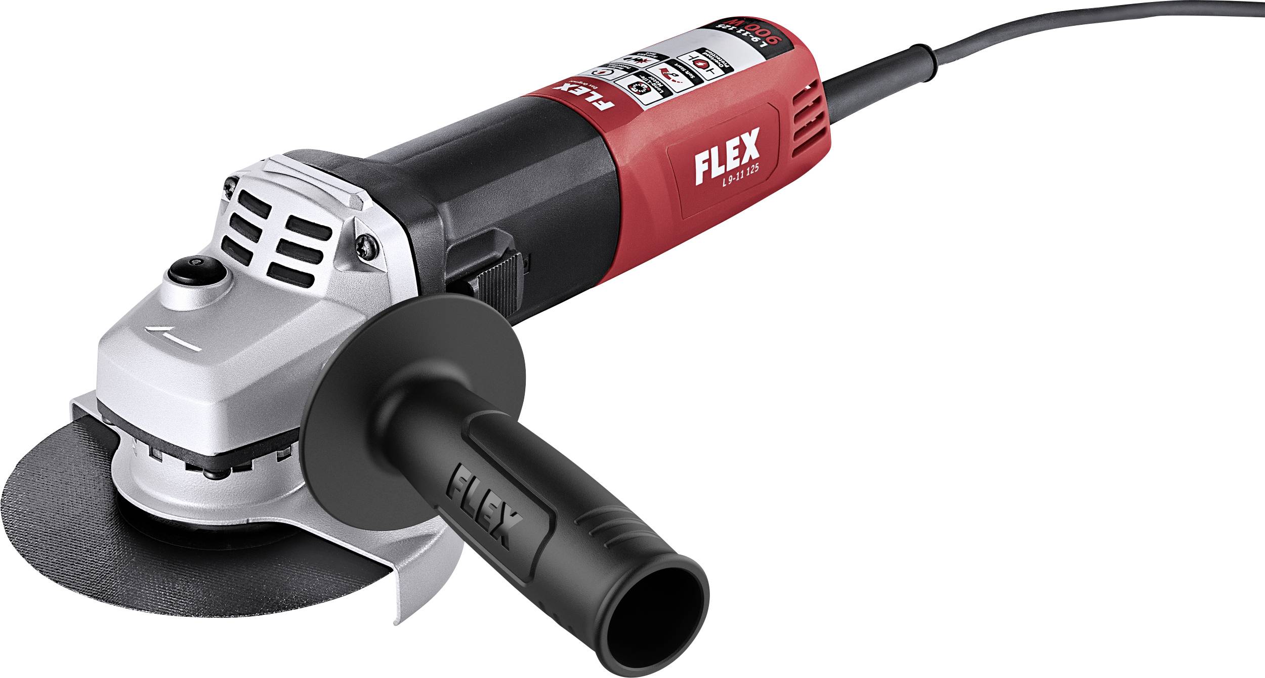 A red and black angle grinder with a black handle by the brand Flex, pictured from the side on a white background.