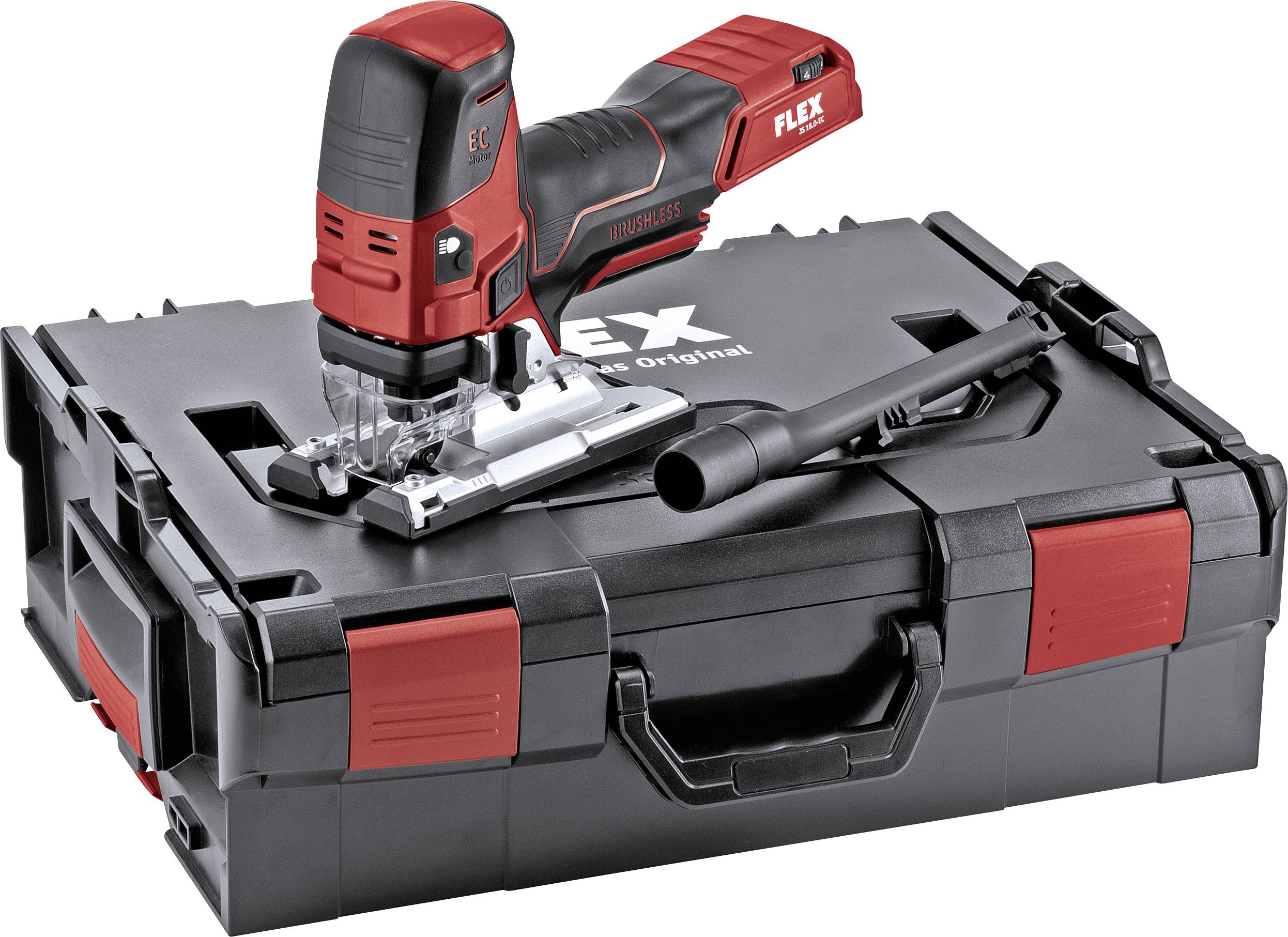 FLEX circular hand saw on a black tool case, aimed at precise cutting. Includes an instruction manual for use.