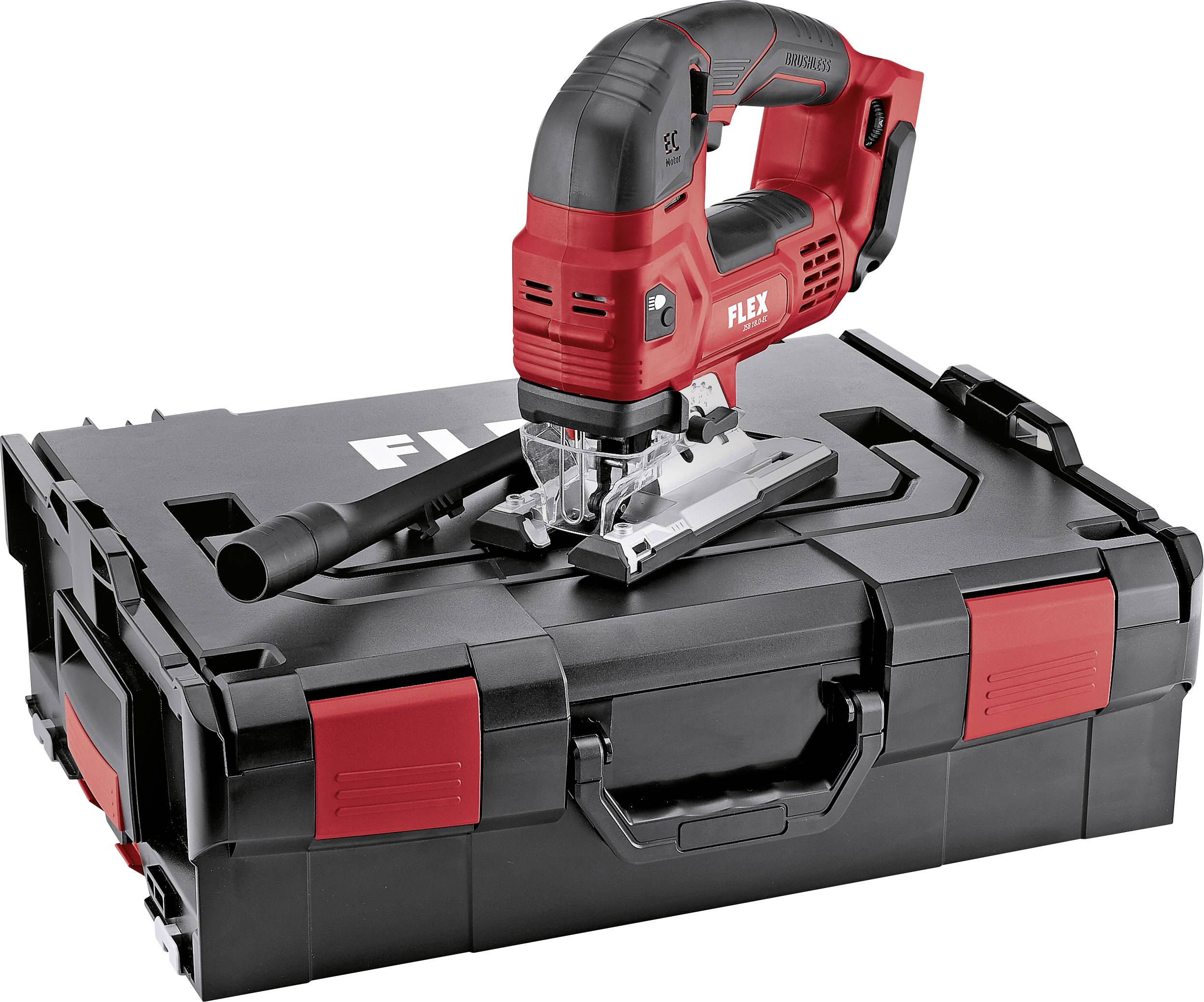 A red Flex jigsaw on a black tool case with a red lock.