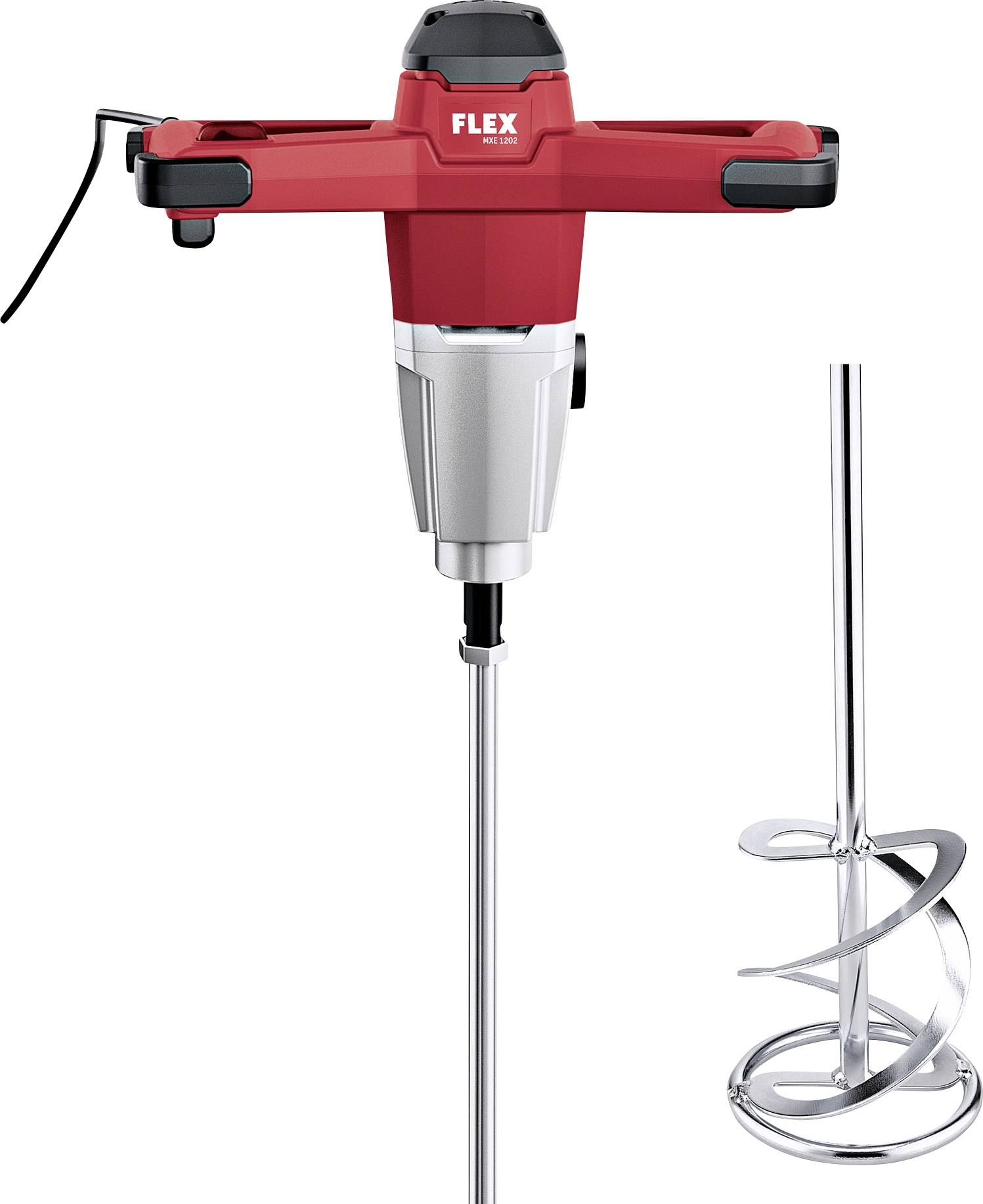 Red electric mixer with silver hand-held device without a bowl, suitable for mixing materials such as paint or mortar.