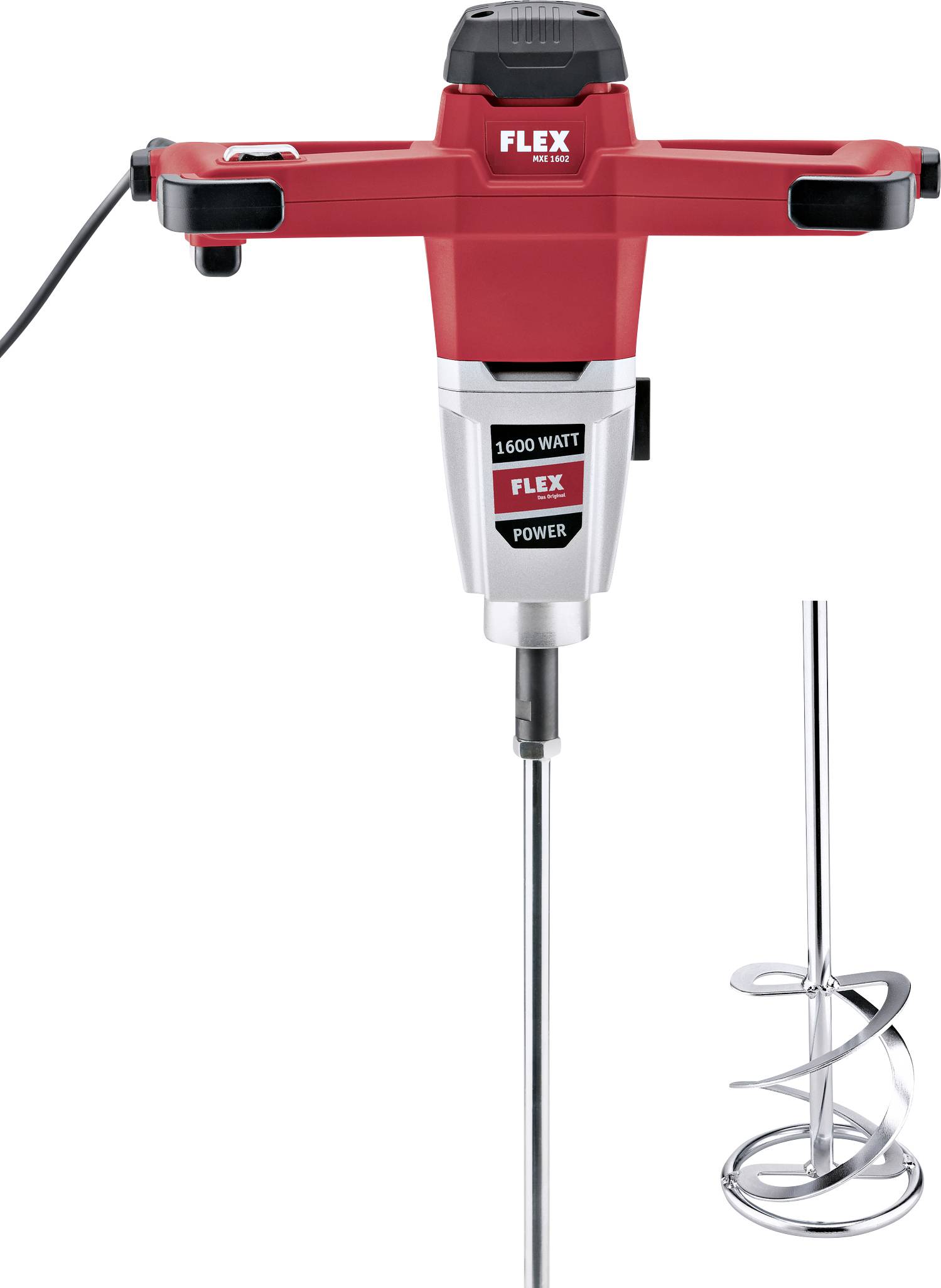 A red electric mixer with the inscription '1600 Watt FLEX Power', suitable for mixing paints or building materials.