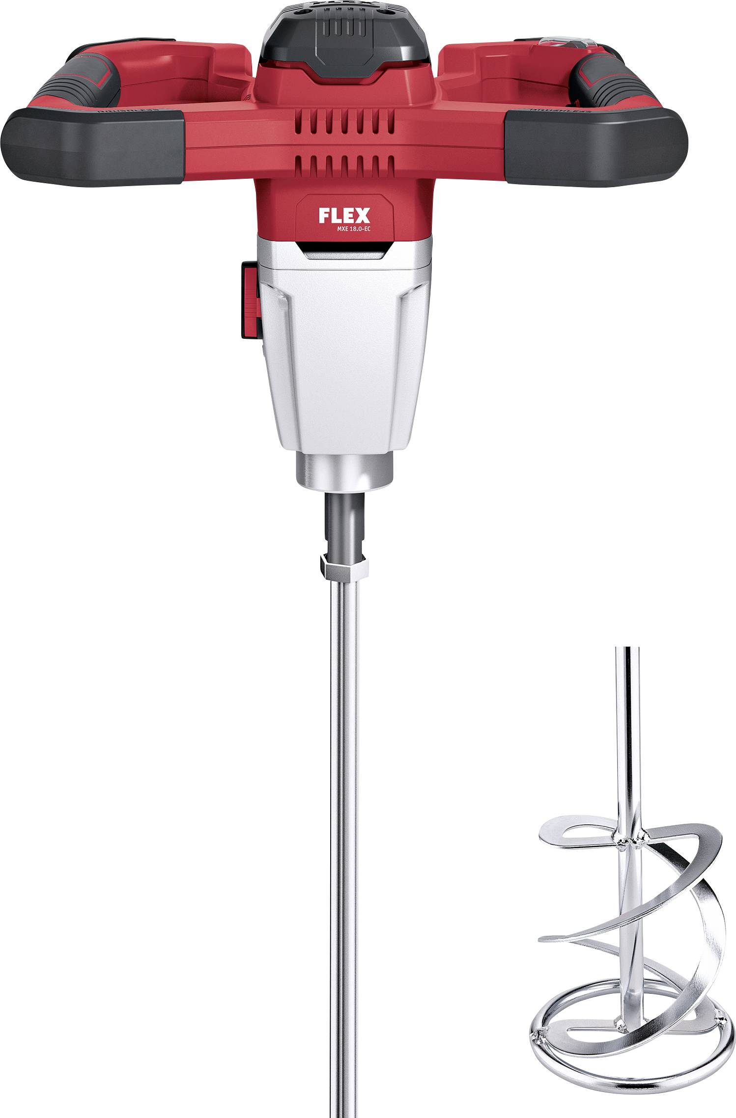 A red electric hand mixer for construction applications with a spiral-shaped mixing paddle on the right. Suitable for mixing materials.